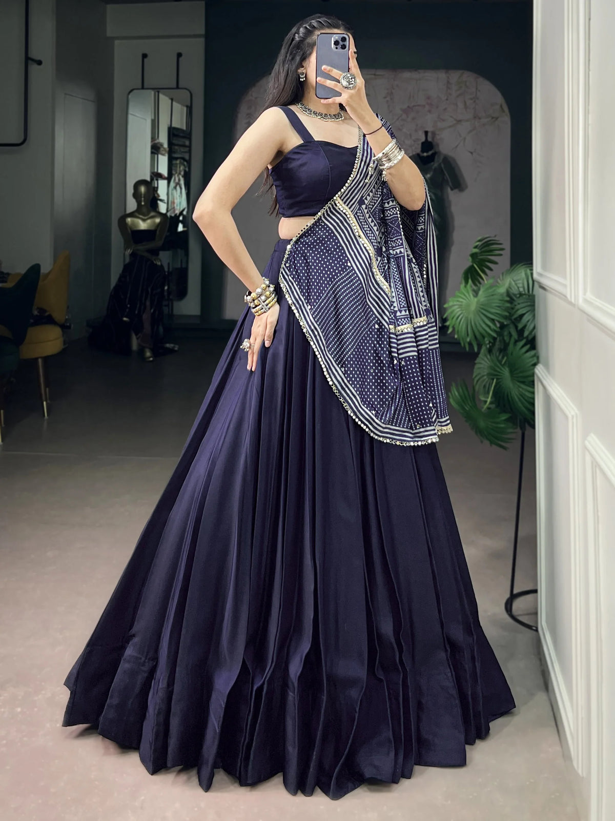 Notable Navy Blue Navratri Wear Lehenga Choli With Mirror Laced Dupatta
