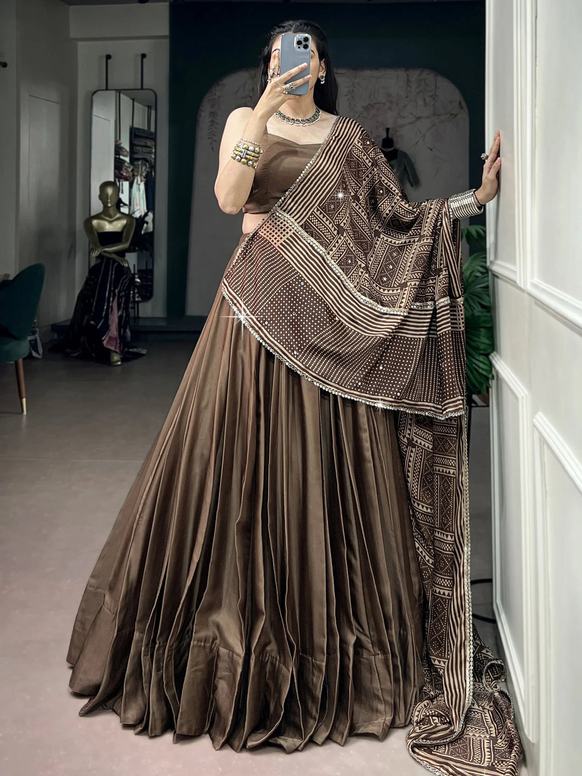 Wonderful Brown Silk Navratri Lehenga Choli With Mirror Laced Dupatta