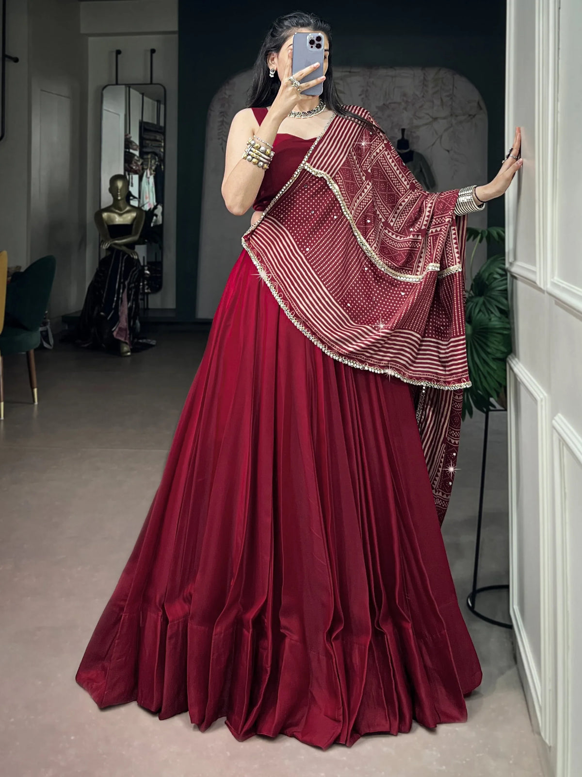 Gorgeous Maroon Silk Navratri Wear Lehenga Choli With Printed Dupatta