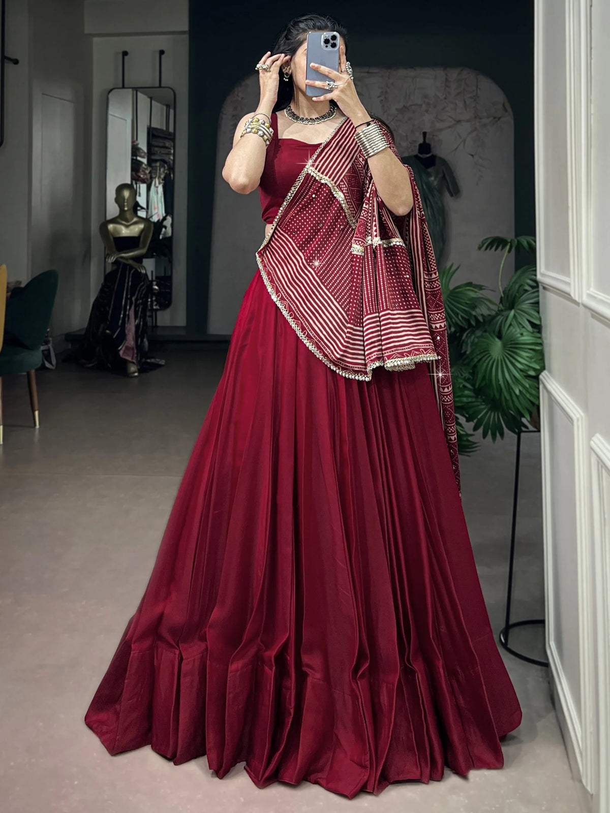 Gorgeous Maroon Silk Navratri Wear Lehenga Choli With Printed Dupatta