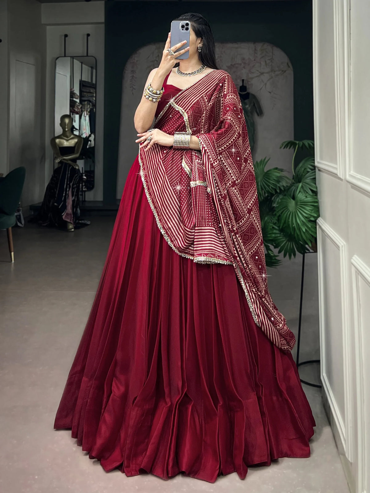 Gorgeous Maroon Silk Navratri Wear Lehenga Choli With Printed Dupatta