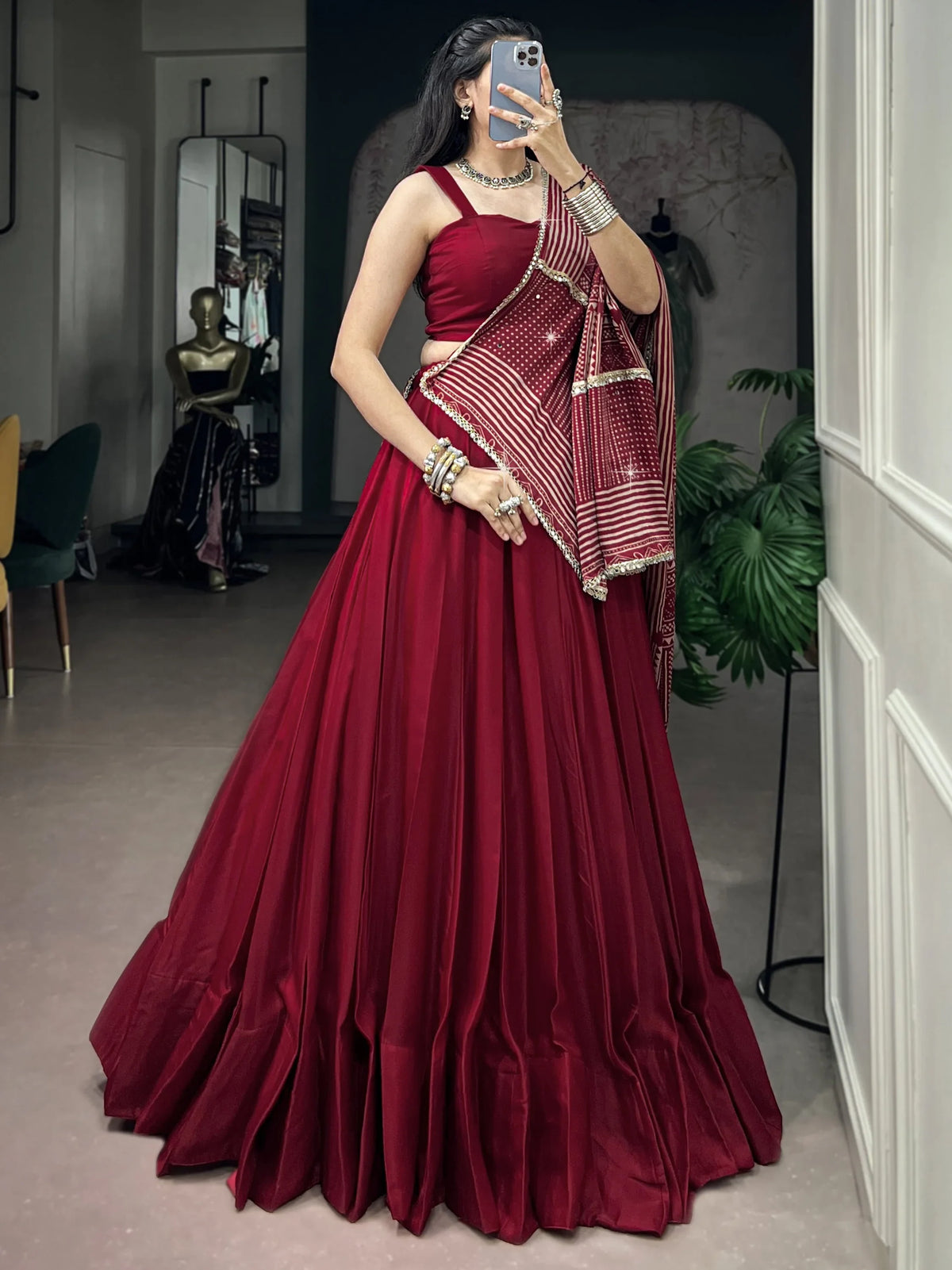 Gorgeous Maroon Silk Navratri Wear Lehenga Choli With Printed Dupatta
