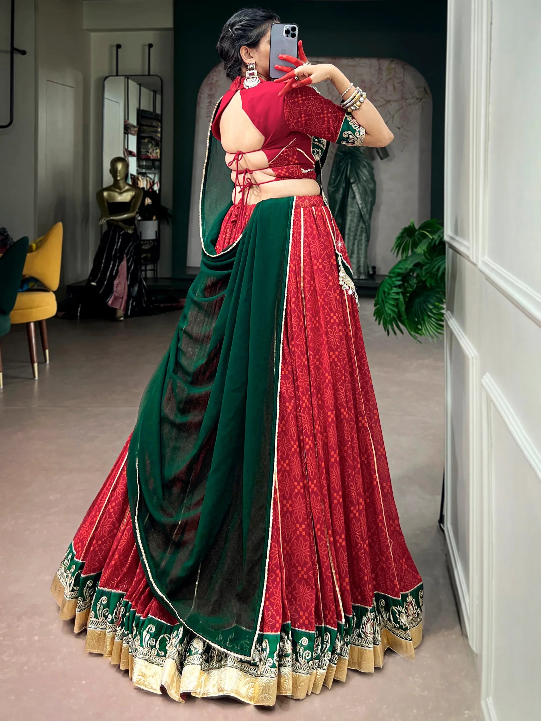 Pretty Red Bandhani Printed Georgette Navratri Lehenga Choli With Dupatta