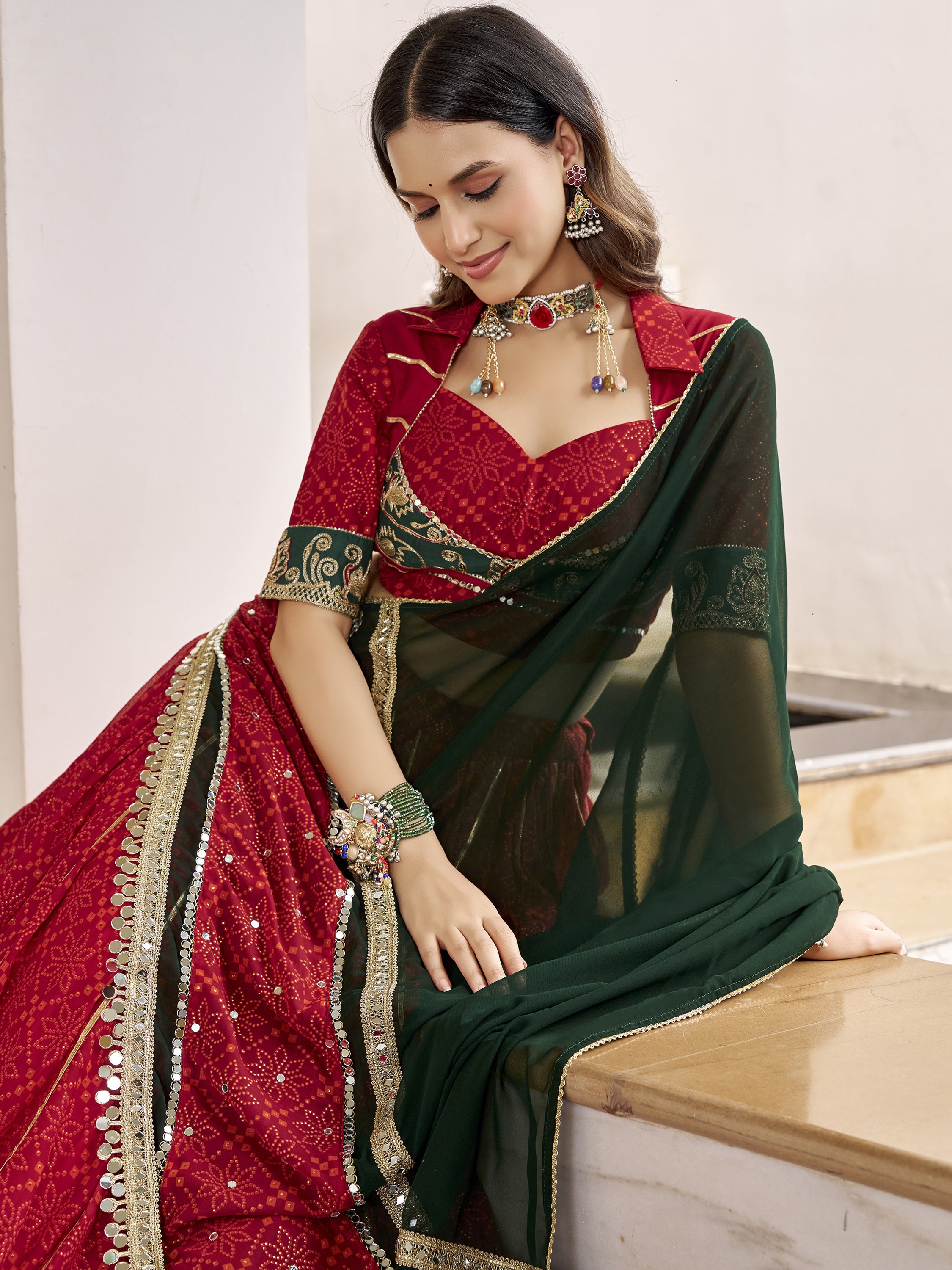 Fantastic Red Bandhej Printed Georgette Navratri Wear Lehenga Choli