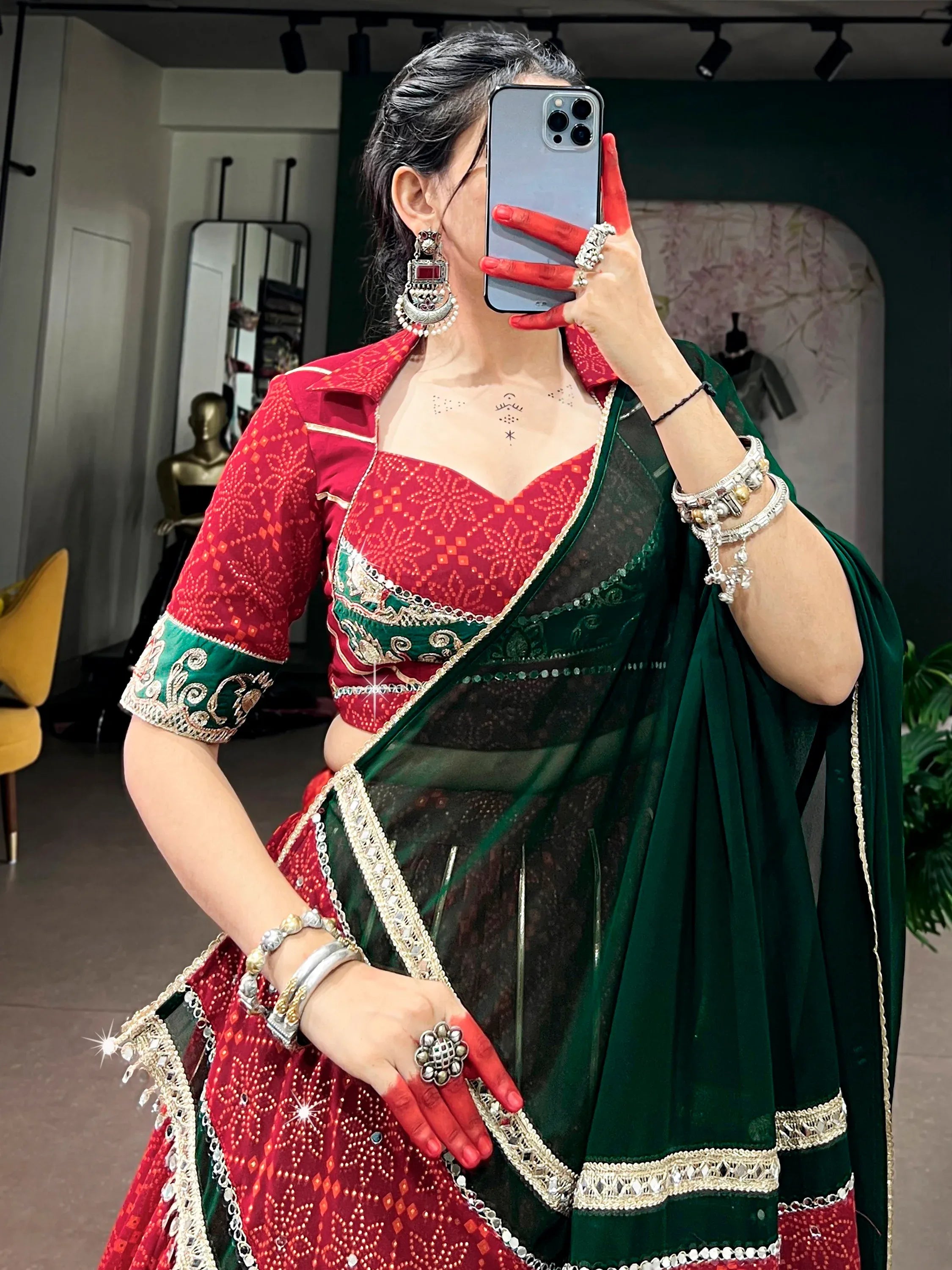 Pretty Red Bandhani Printed Georgette Navratri Lehenga Choli With Dupatta