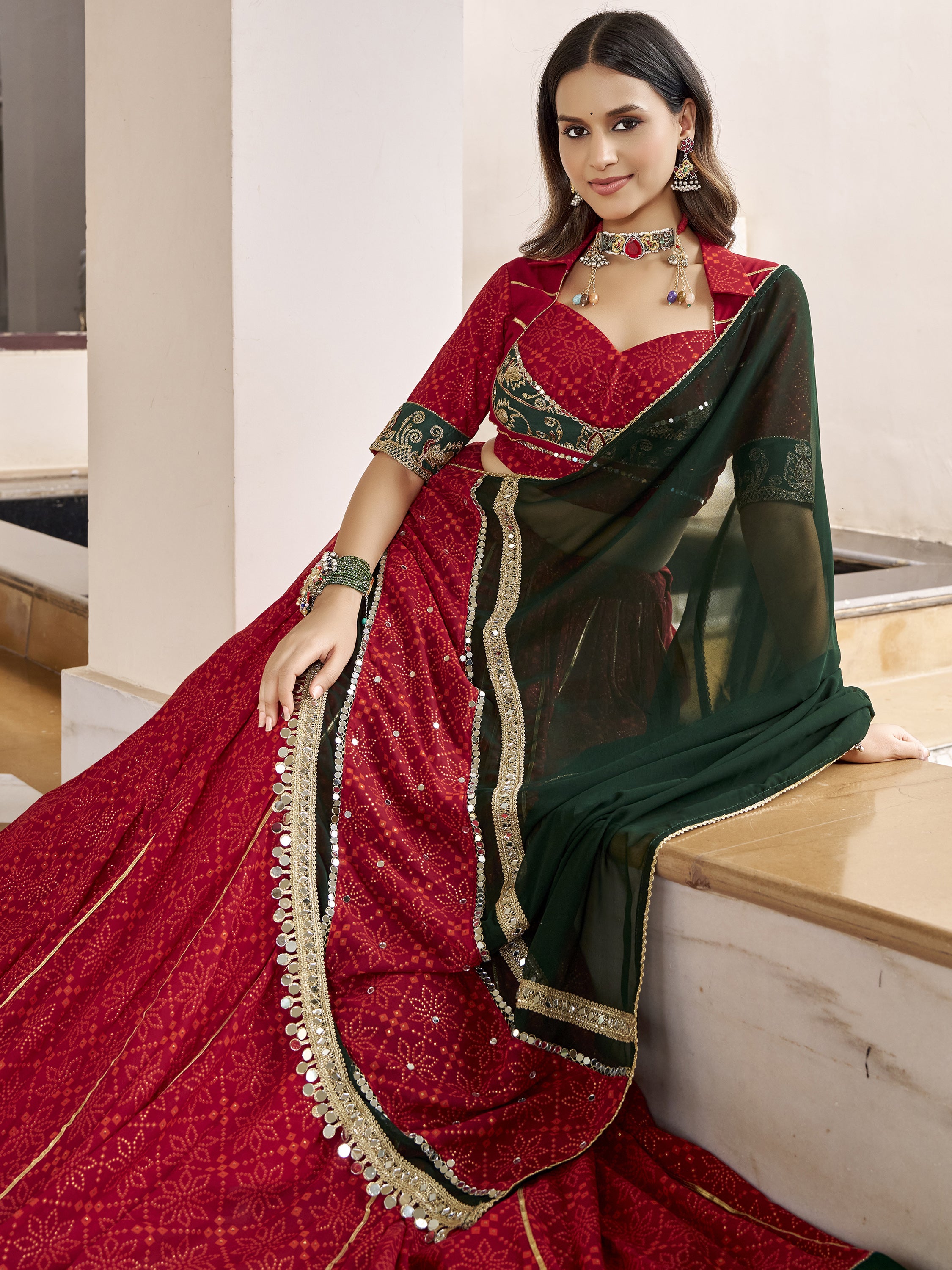 Fantastic Red Bandhej Printed Georgette Navratri Wear Lehenga Choli