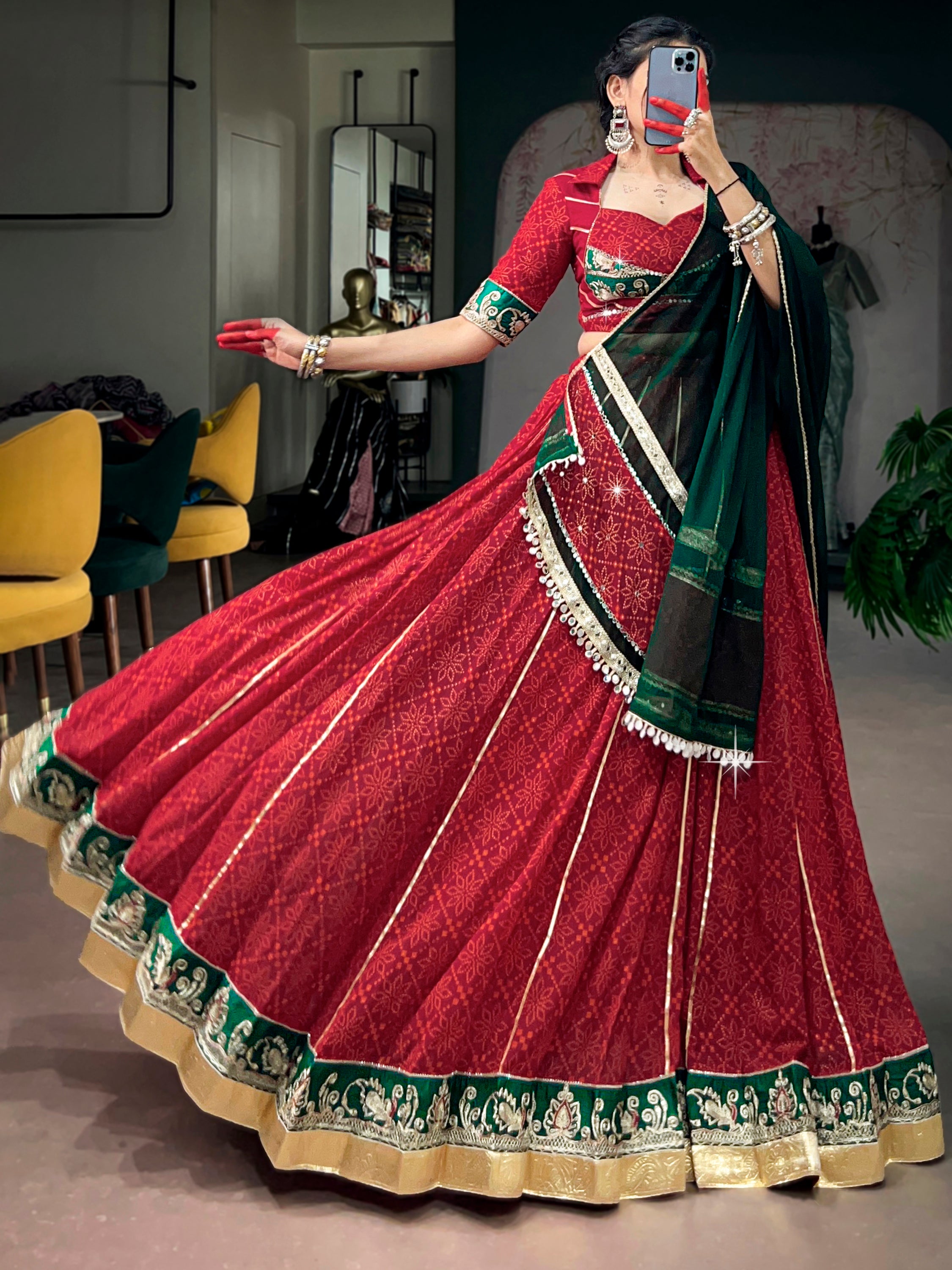 Pretty Red Bandhani Printed Georgette Navratri Lehenga Choli With Dupatta