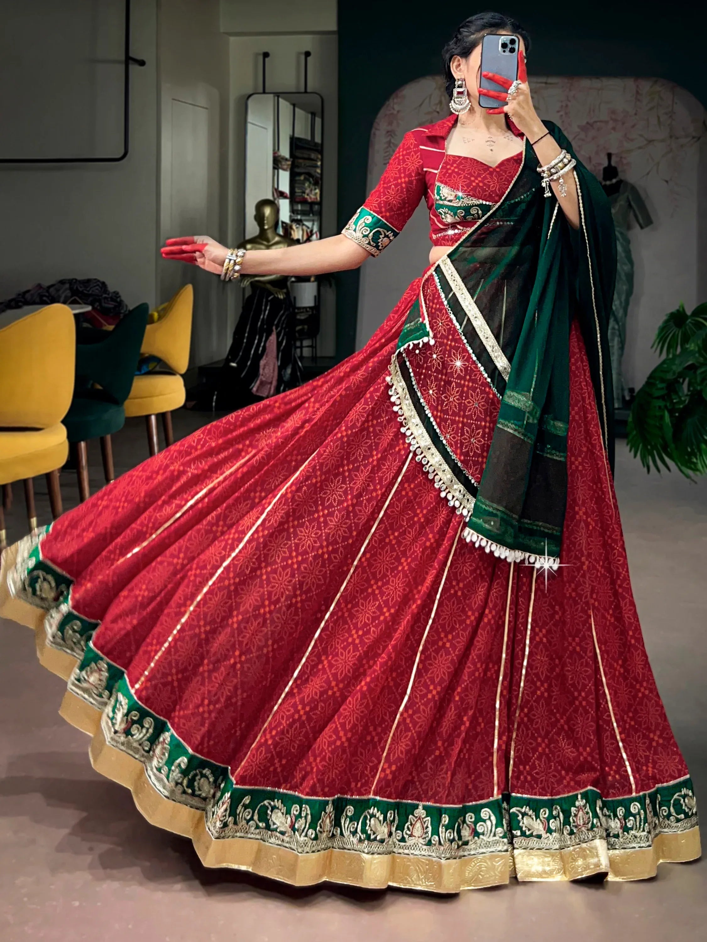 Pretty Red Bandhani Printed Georgette Navratri Lehenga Choli With Dupatta