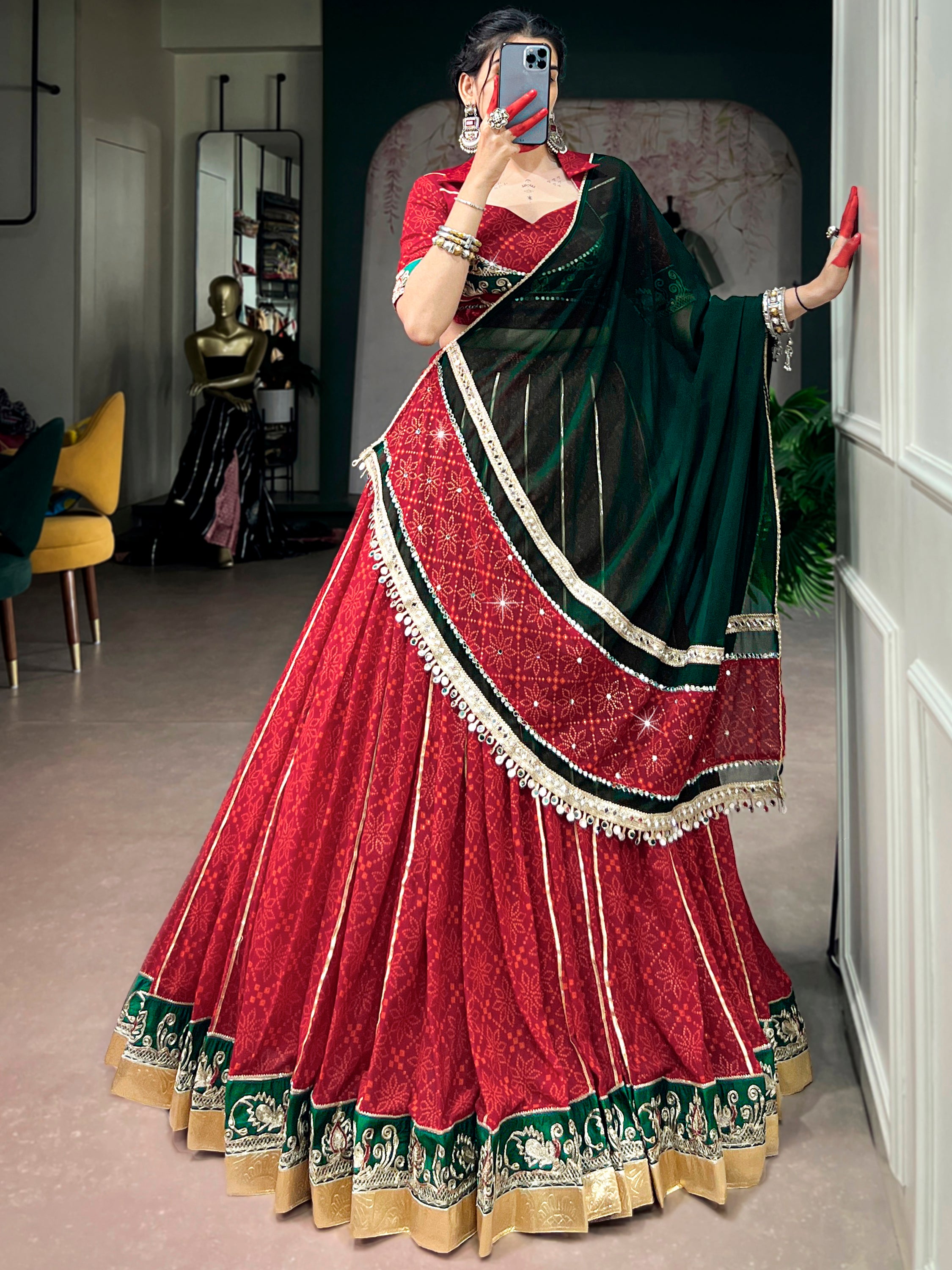Pretty Red Bandhani Printed Georgette Navratri Lehenga Choli With Dupatta