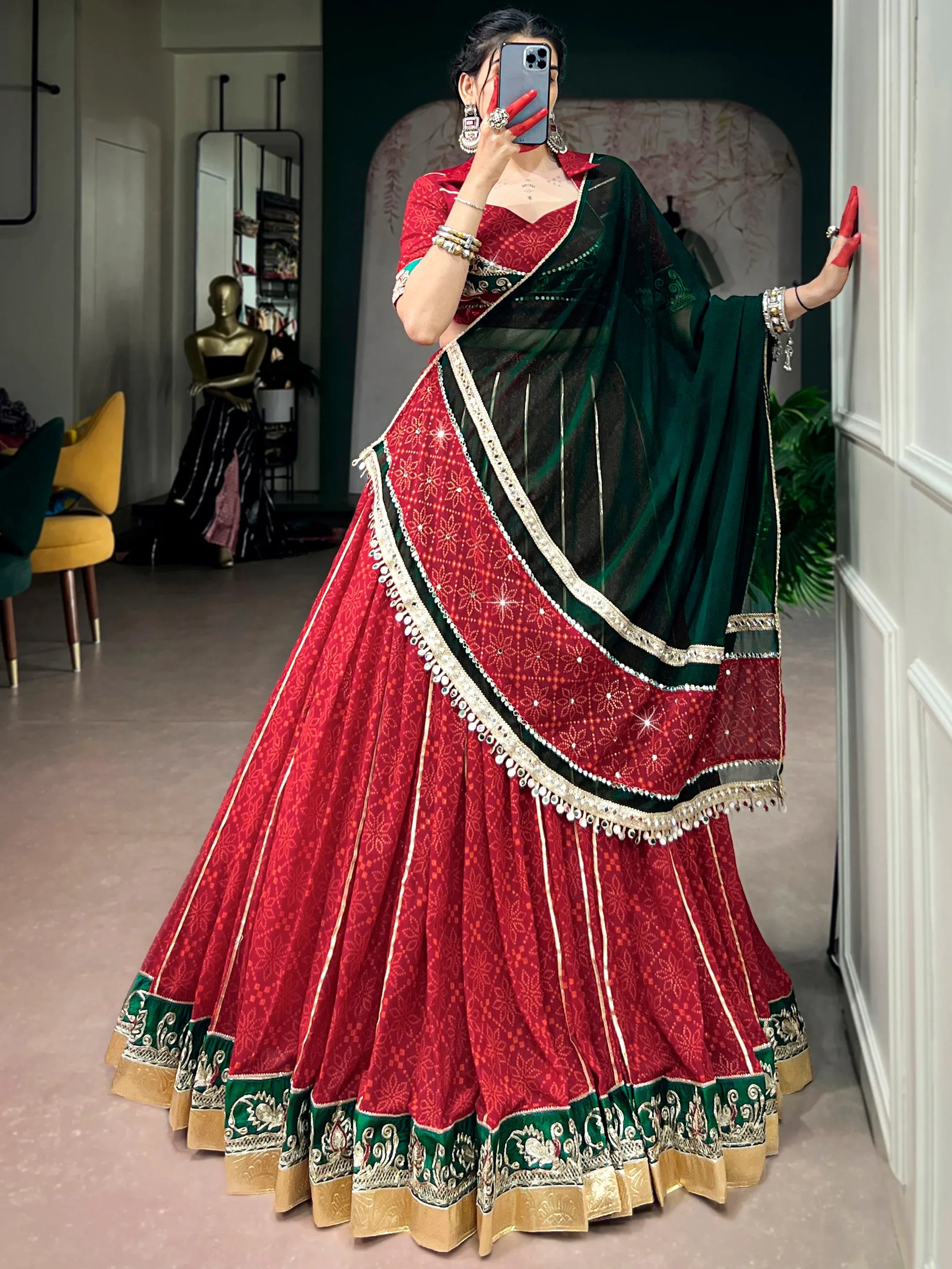 Pretty Red Bandhani Printed Georgette Navratri Lehenga Choli With Dupatta