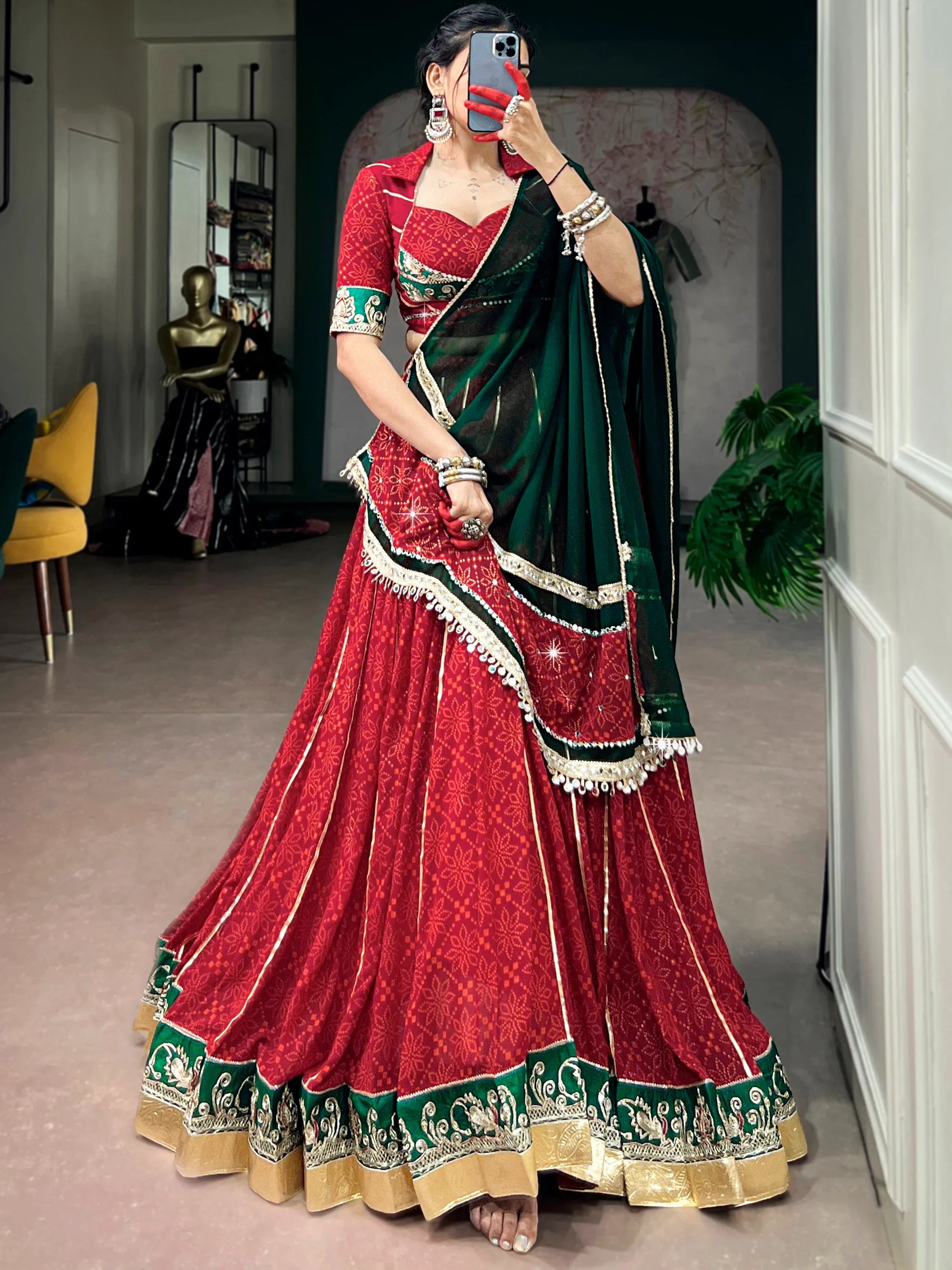 Pretty Red Bandhani Printed Georgette Navratri Lehenga Choli With Dupatta