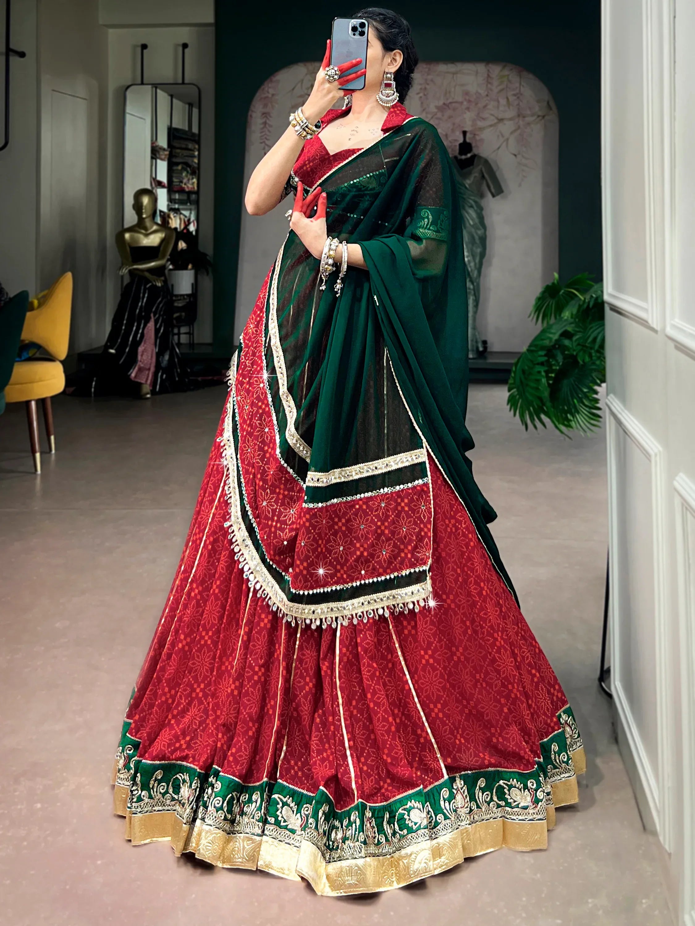 Pretty Red Bandhani Printed Georgette Navratri Lehenga Choli With Dupatta