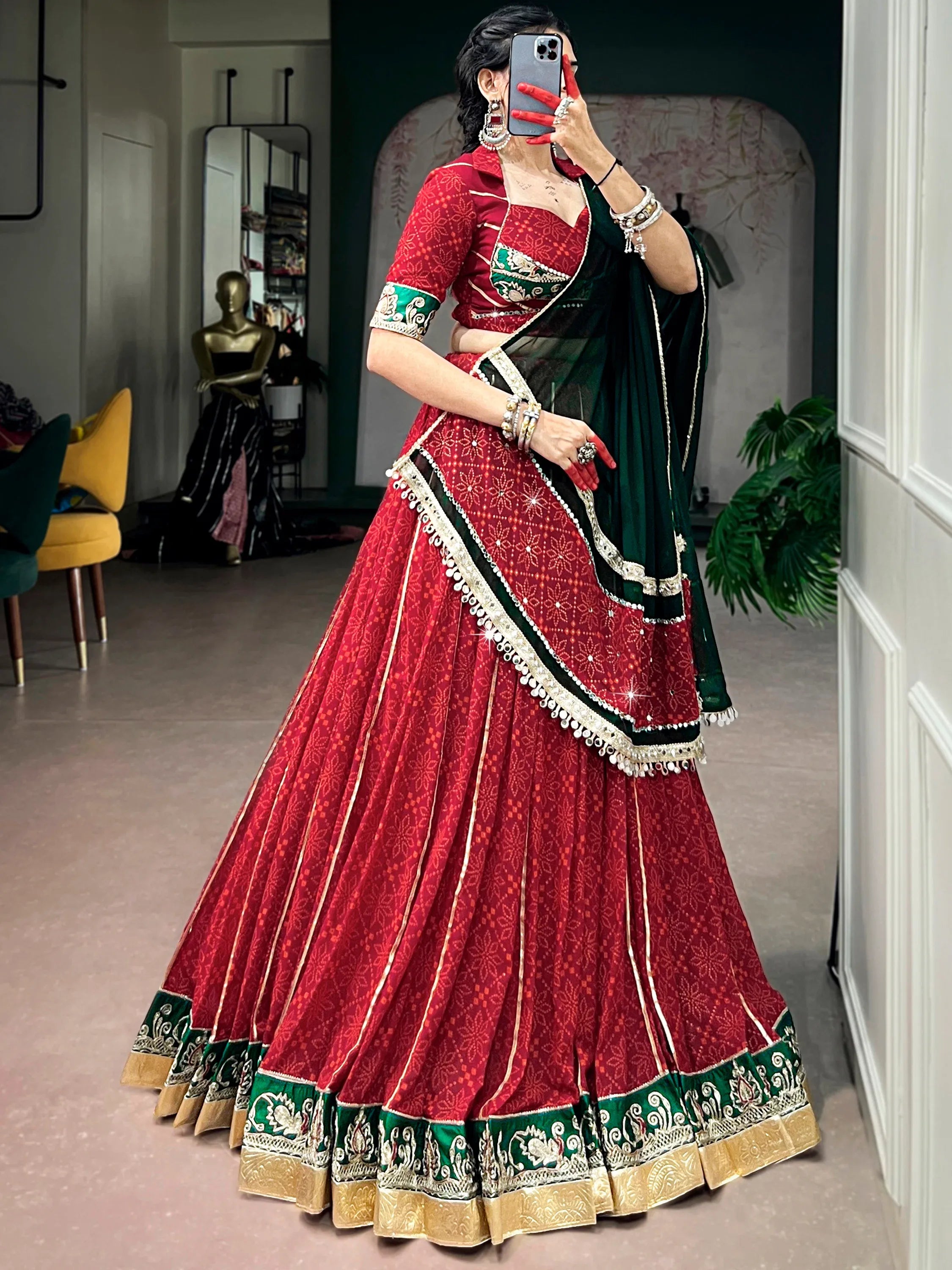 Pretty Red Bandhani Printed Georgette Navratri Lehenga Choli With Dupatta