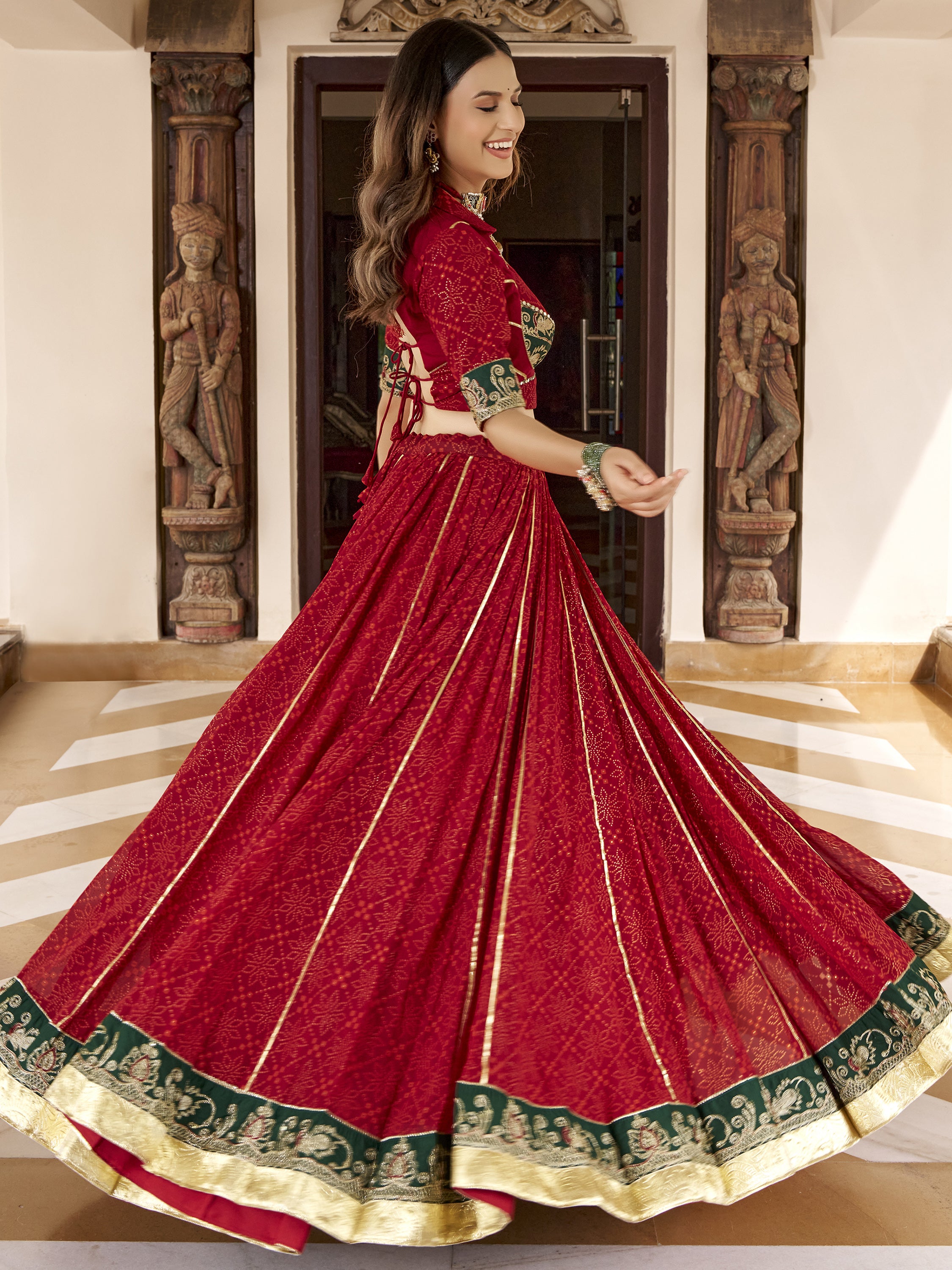 Fantastic Red Bandhej Printed Georgette Navratri Wear Lehenga Choli