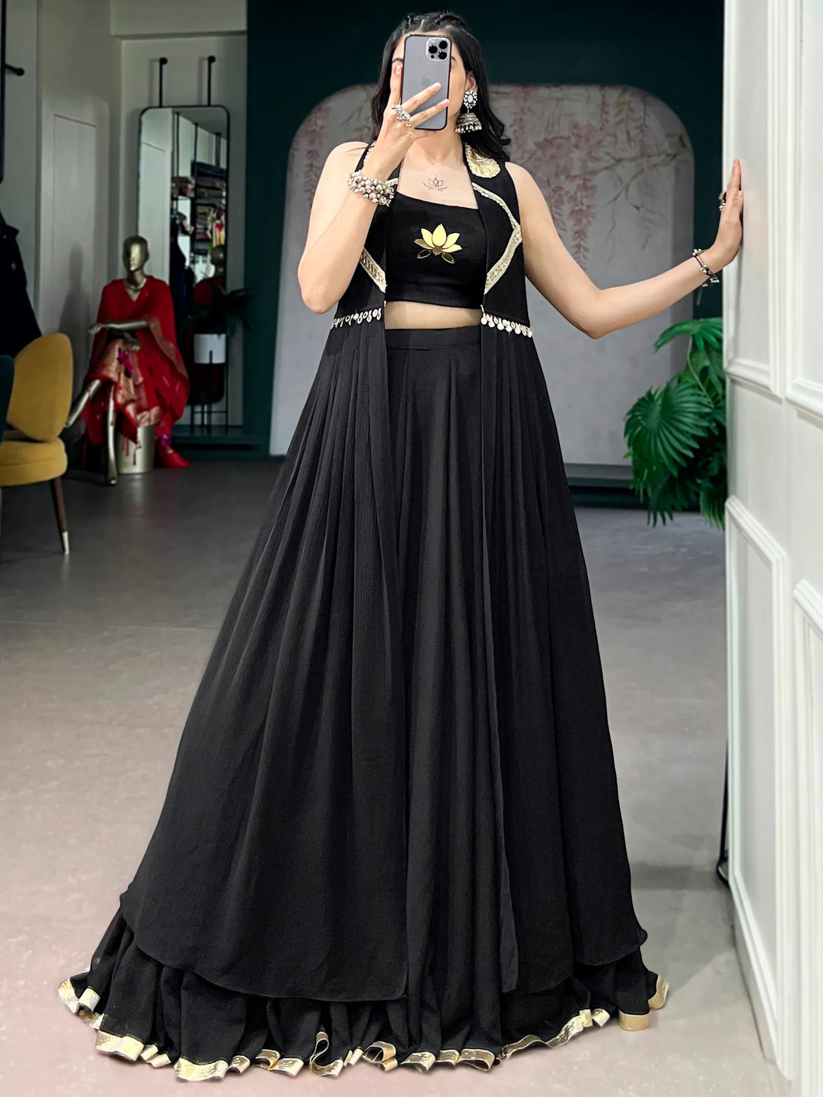 Regal Black Hand Work Chiffon Navratri Wear Lehenga Choli With Jacket