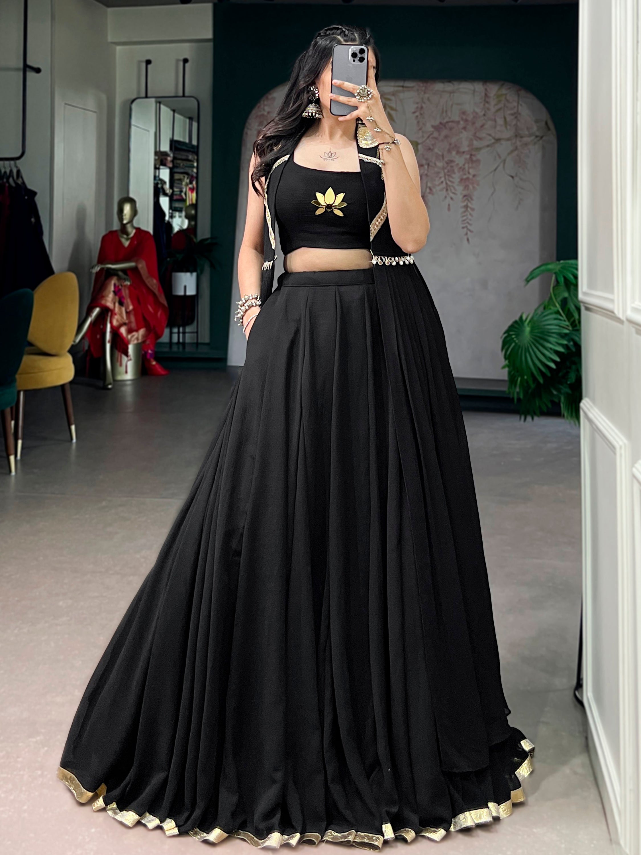 Regal Black Hand Work Chiffon Navratri Wear Lehenga Choli With Jacket