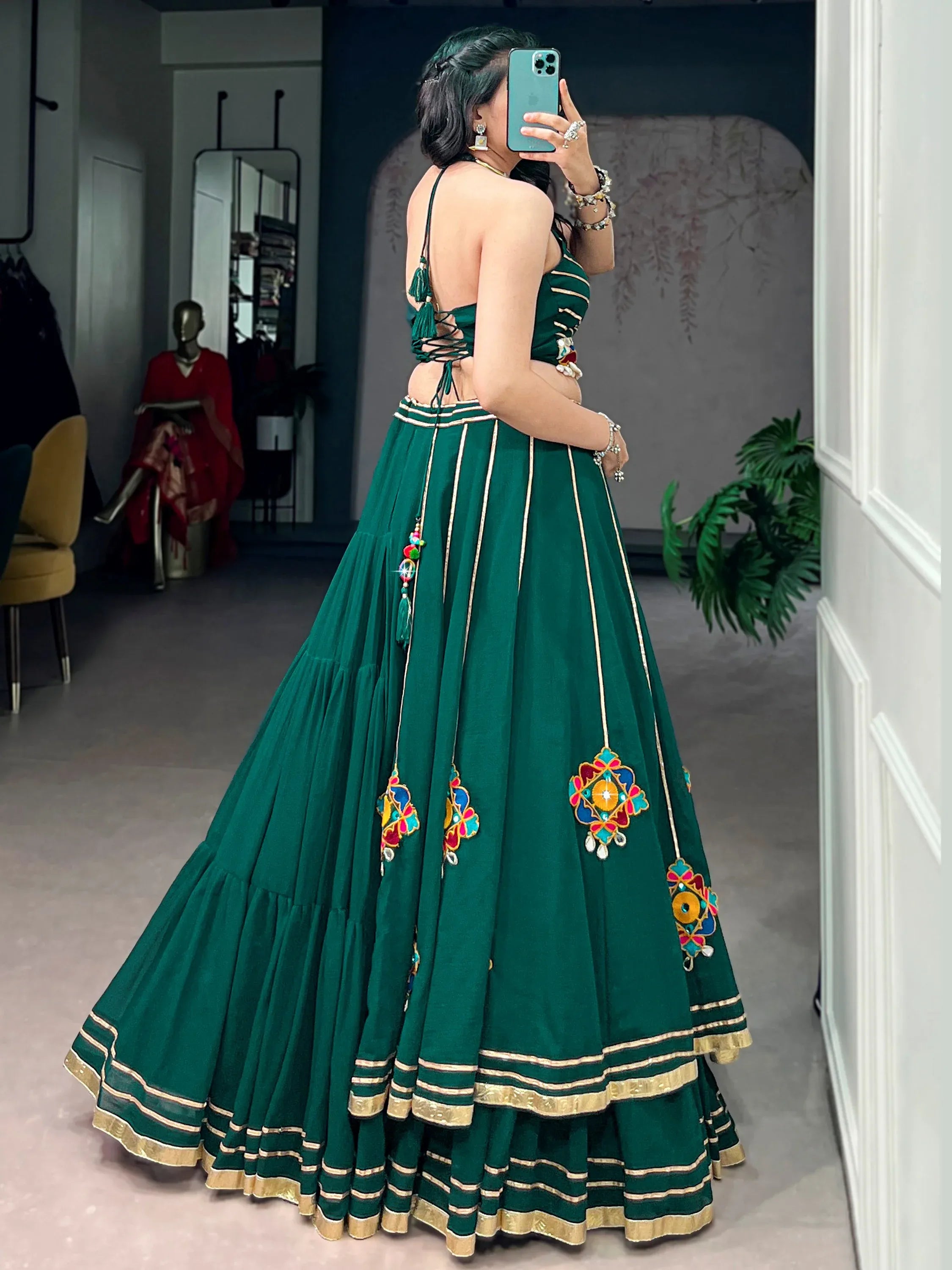 Awesome Green Gamthi Work Georgette Navratri Wear Lehenga Choli