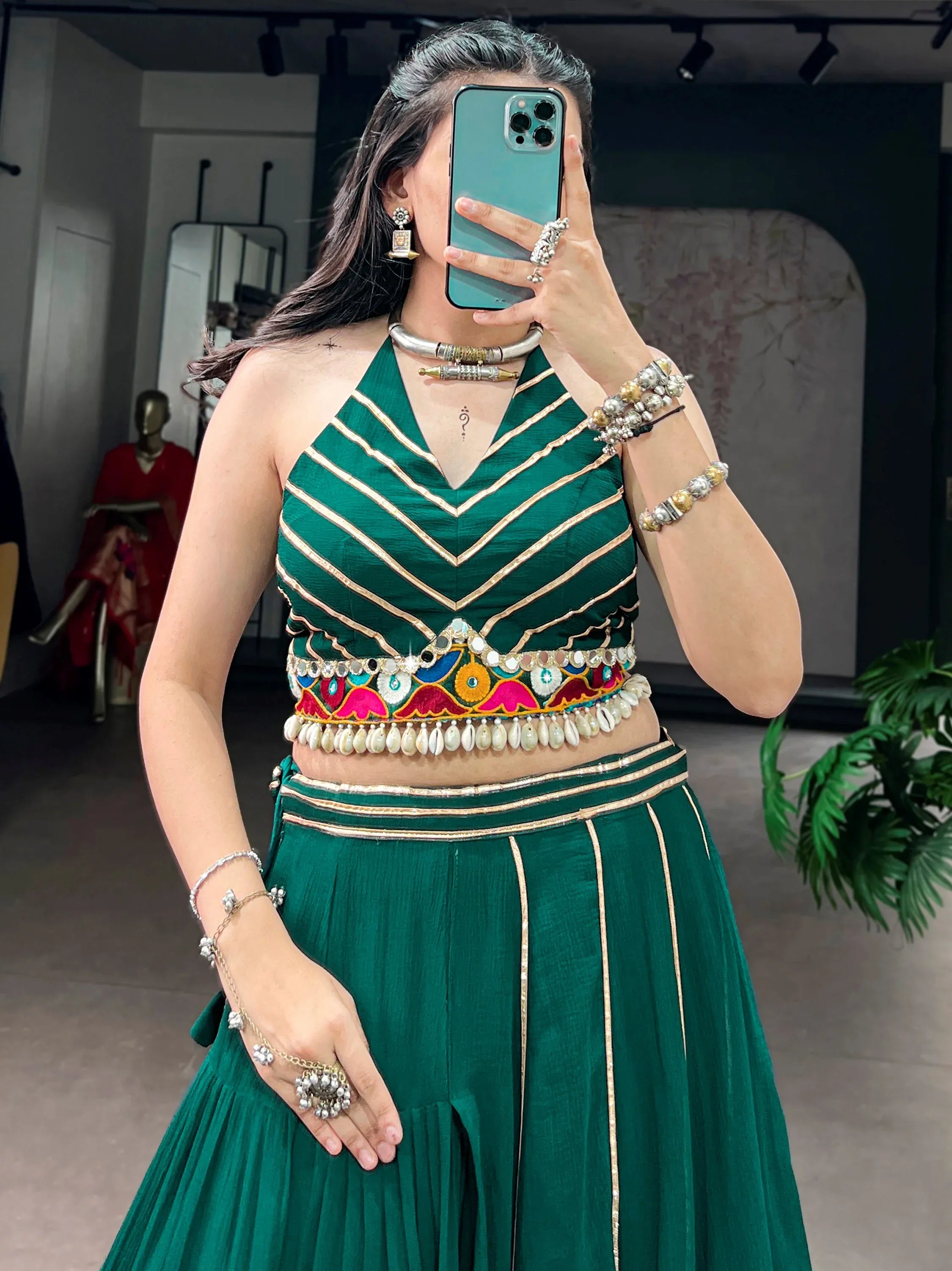 Awesome Green Gamthi Work Georgette Navratri Wear Lehenga Choli