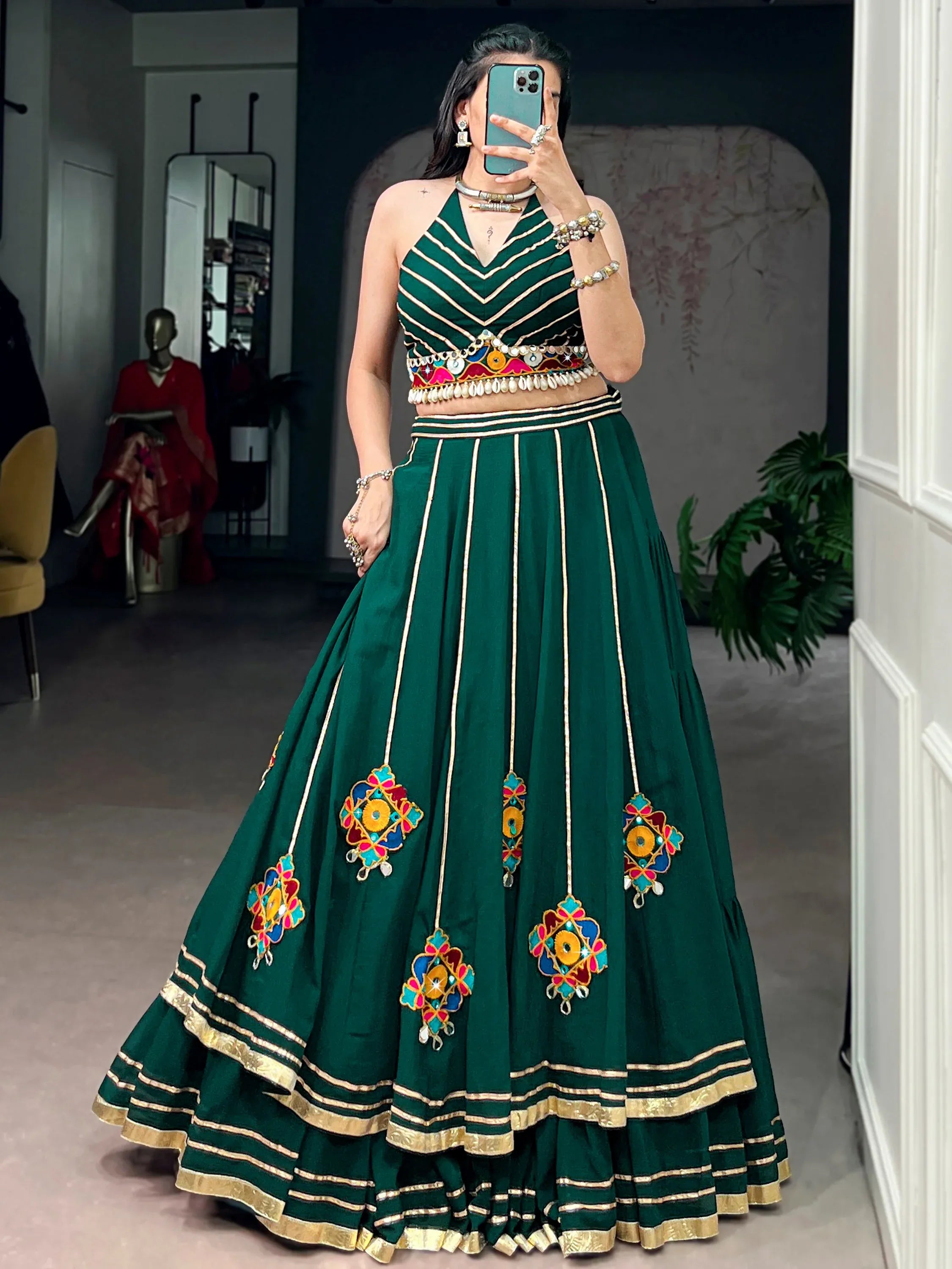 Awesome Green Gamthi Work Georgette Navratri Wear Lehenga Choli