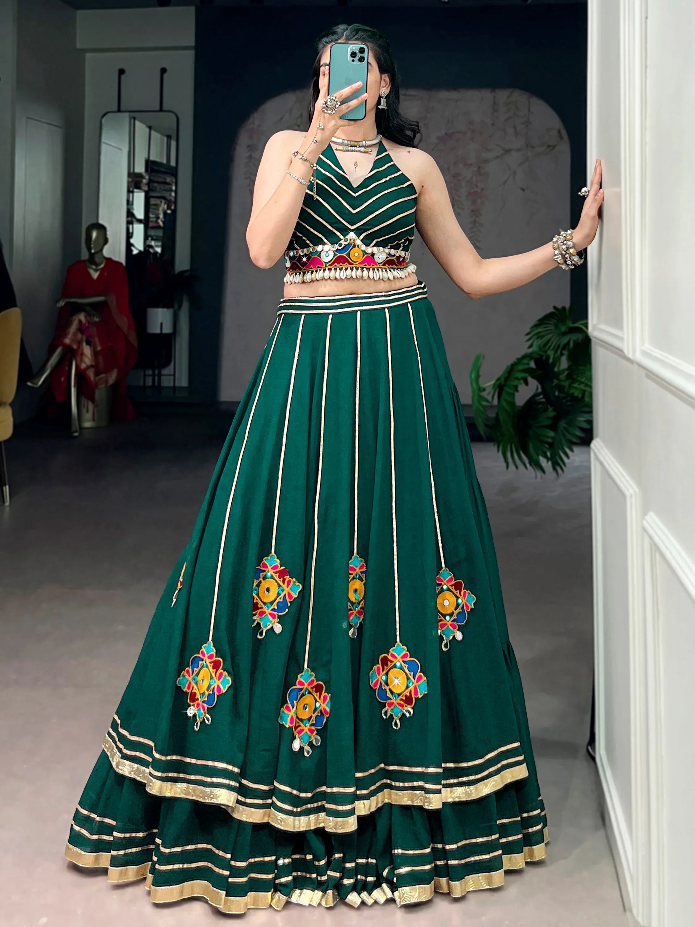 Awesome Green Gamthi Work Georgette Navratri Wear Lehenga Choli