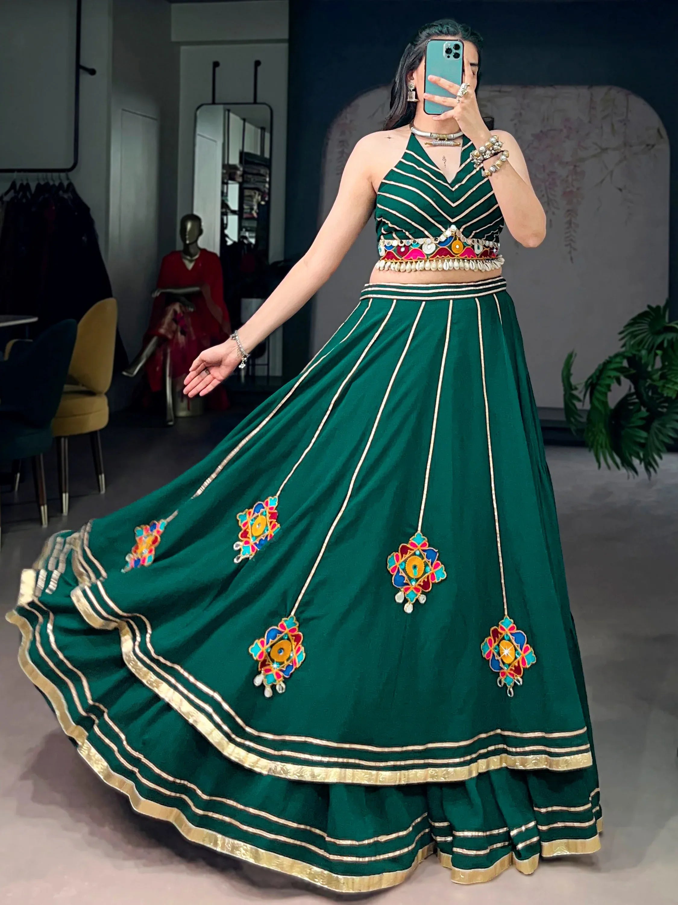 Awesome Green Gamthi Work Georgette Navratri Wear Lehenga Choli