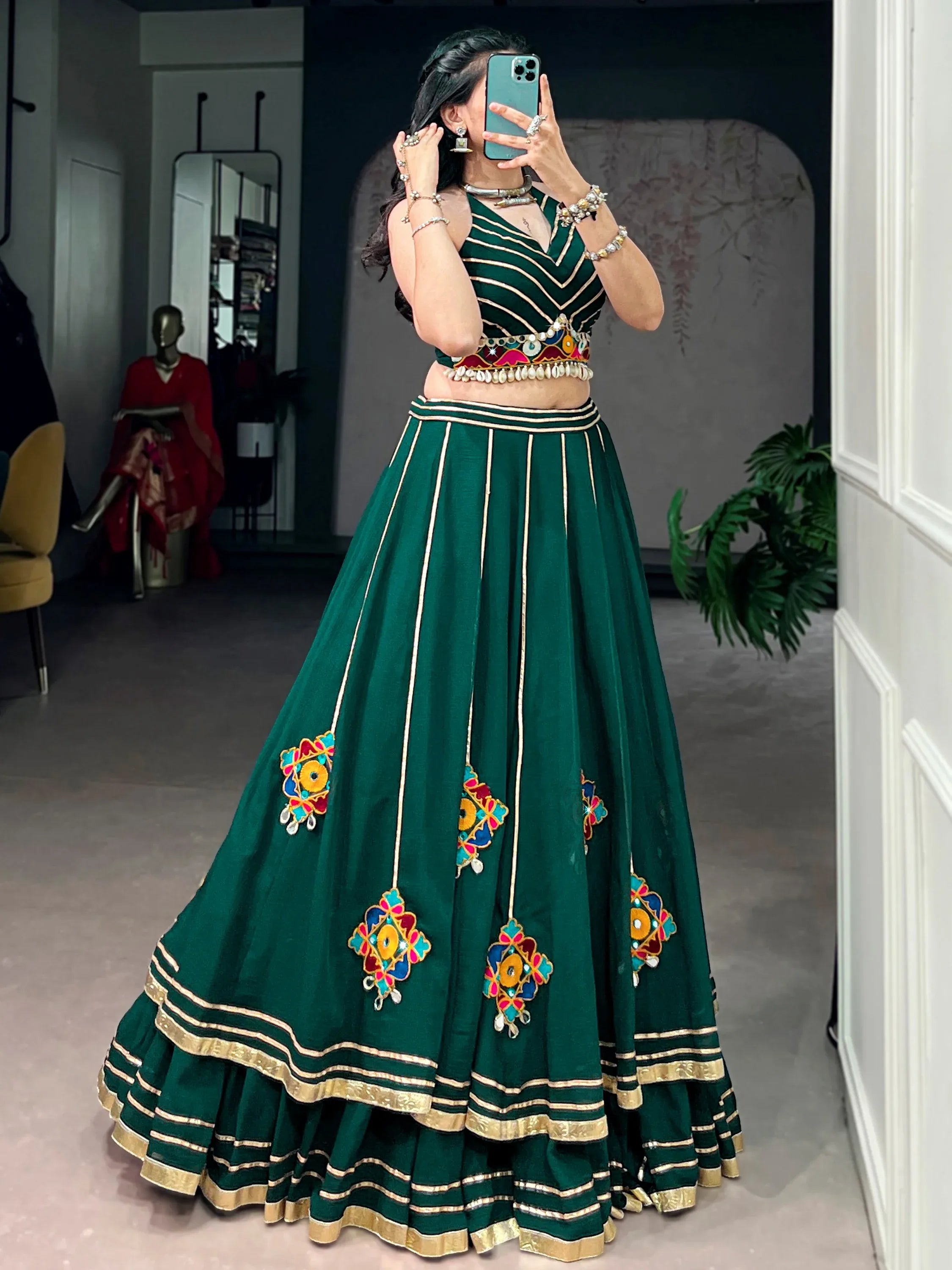 Awesome Green Gamthi Work Georgette Navratri Wear Lehenga Choli