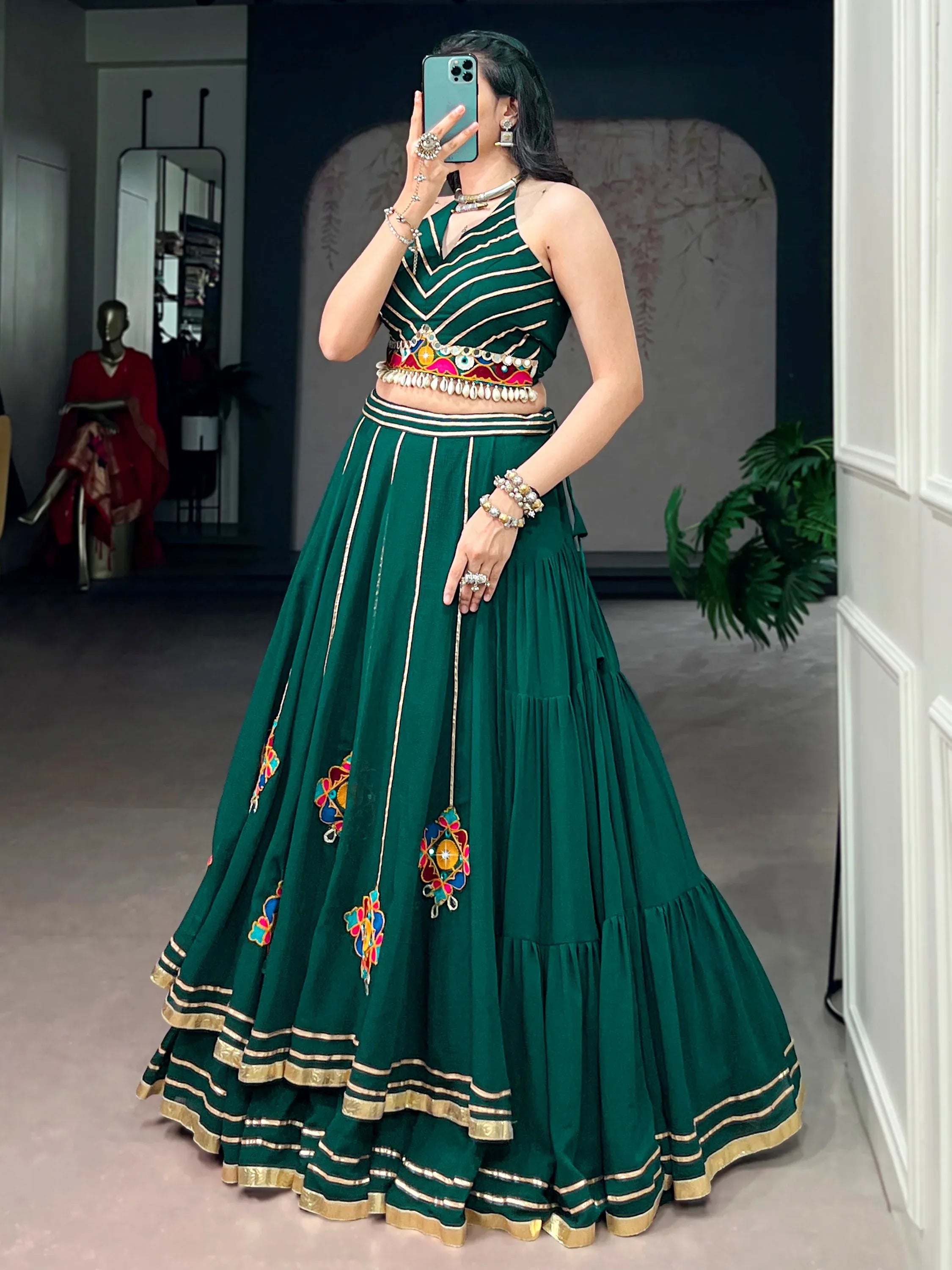 Awesome Green Gamthi Work Georgette Navratri Wear Lehenga Choli