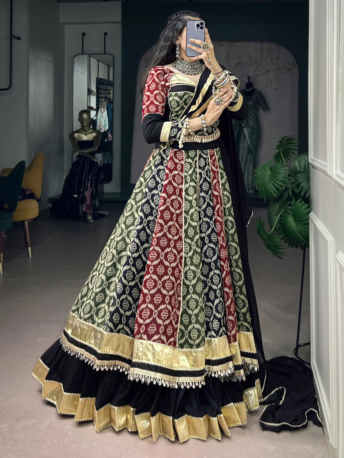 Graceful Black Printed Rayon Navratri Special Lehenga Choli With Dupatta