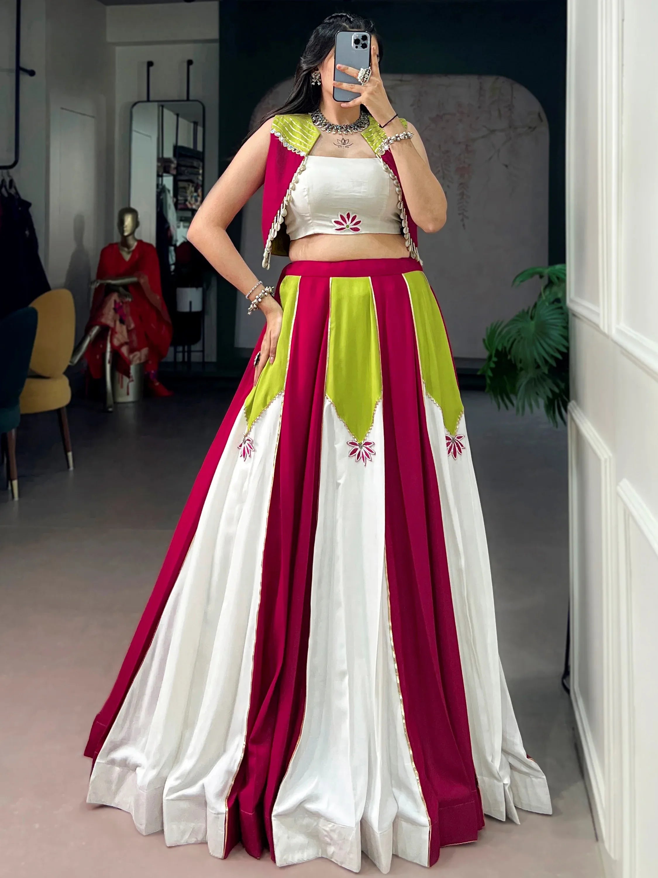 Precious Multi-Color Laced Rayon Navratri Wear Lehenga Choli With Koti