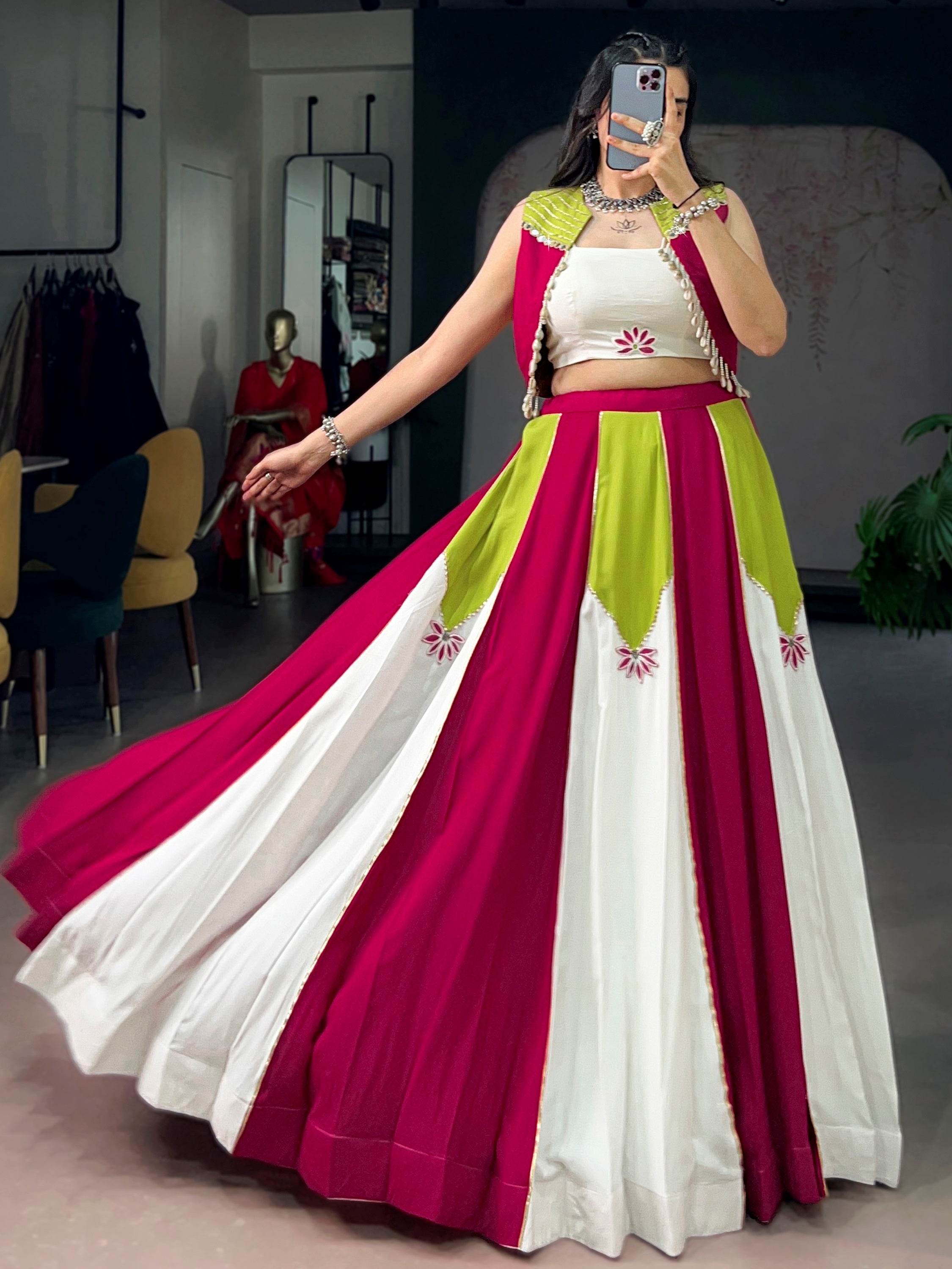 Precious Multi-Color Laced Rayon Navratri Wear Lehenga Choli With Koti