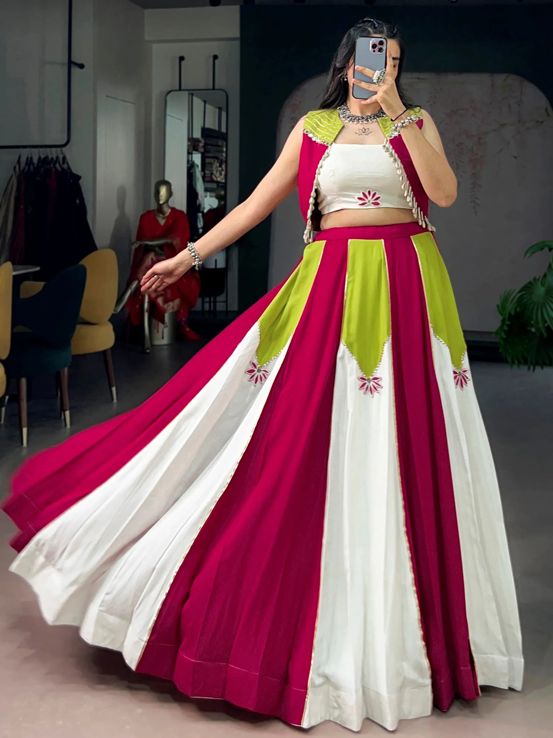 Precious Multi-Color Laced Rayon Navratri Wear Lehenga Choli With Koti