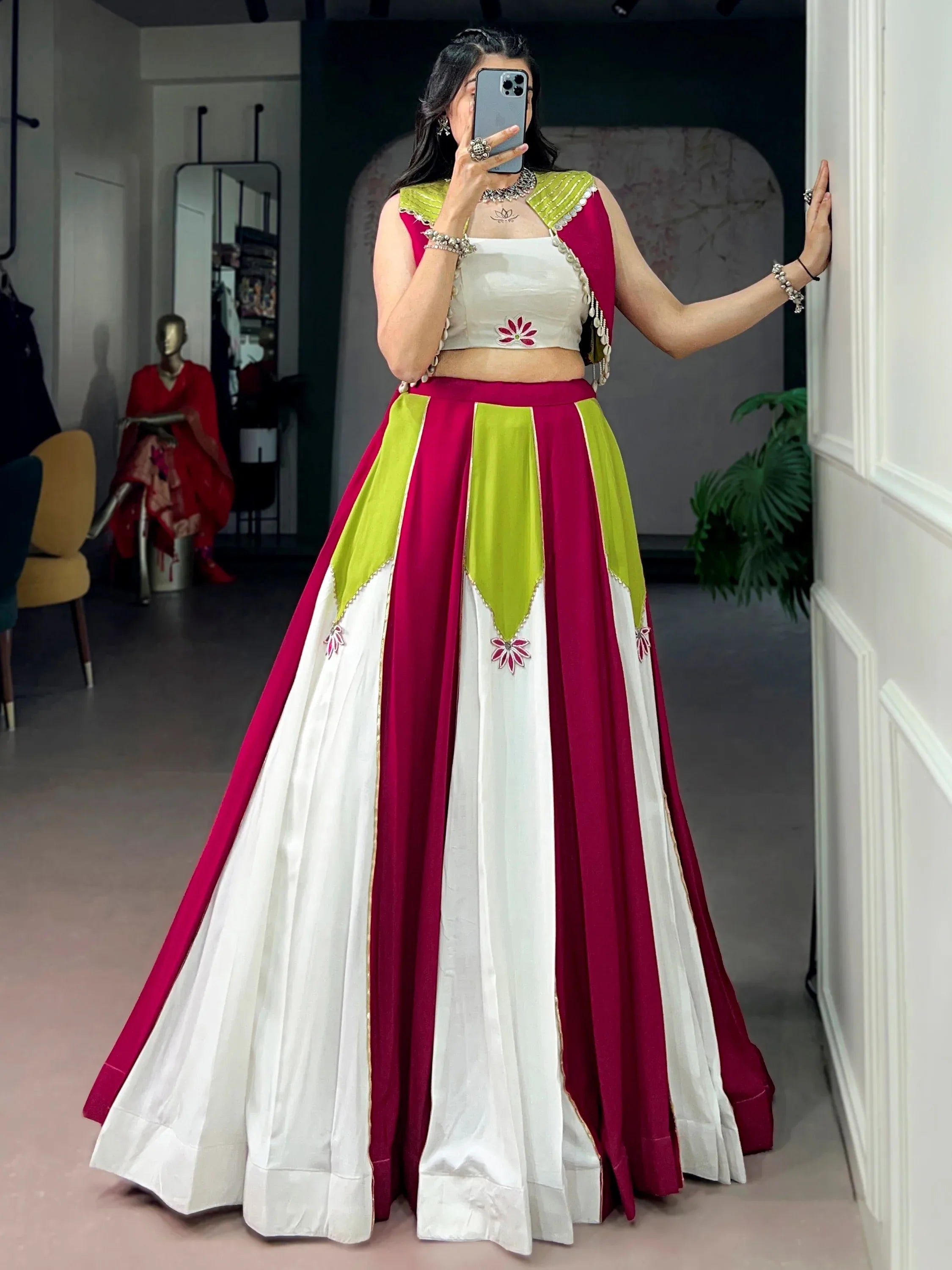 Precious Multi-Color Laced Rayon Navratri Wear Lehenga Choli With Koti