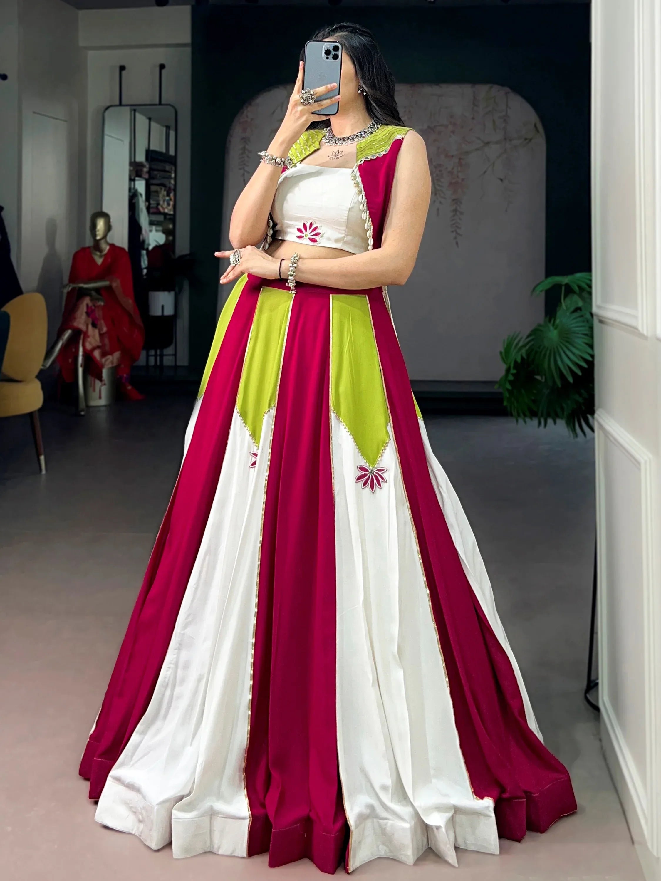 Precious Multi-Color Laced Rayon Navratri Wear Lehenga Choli With Koti