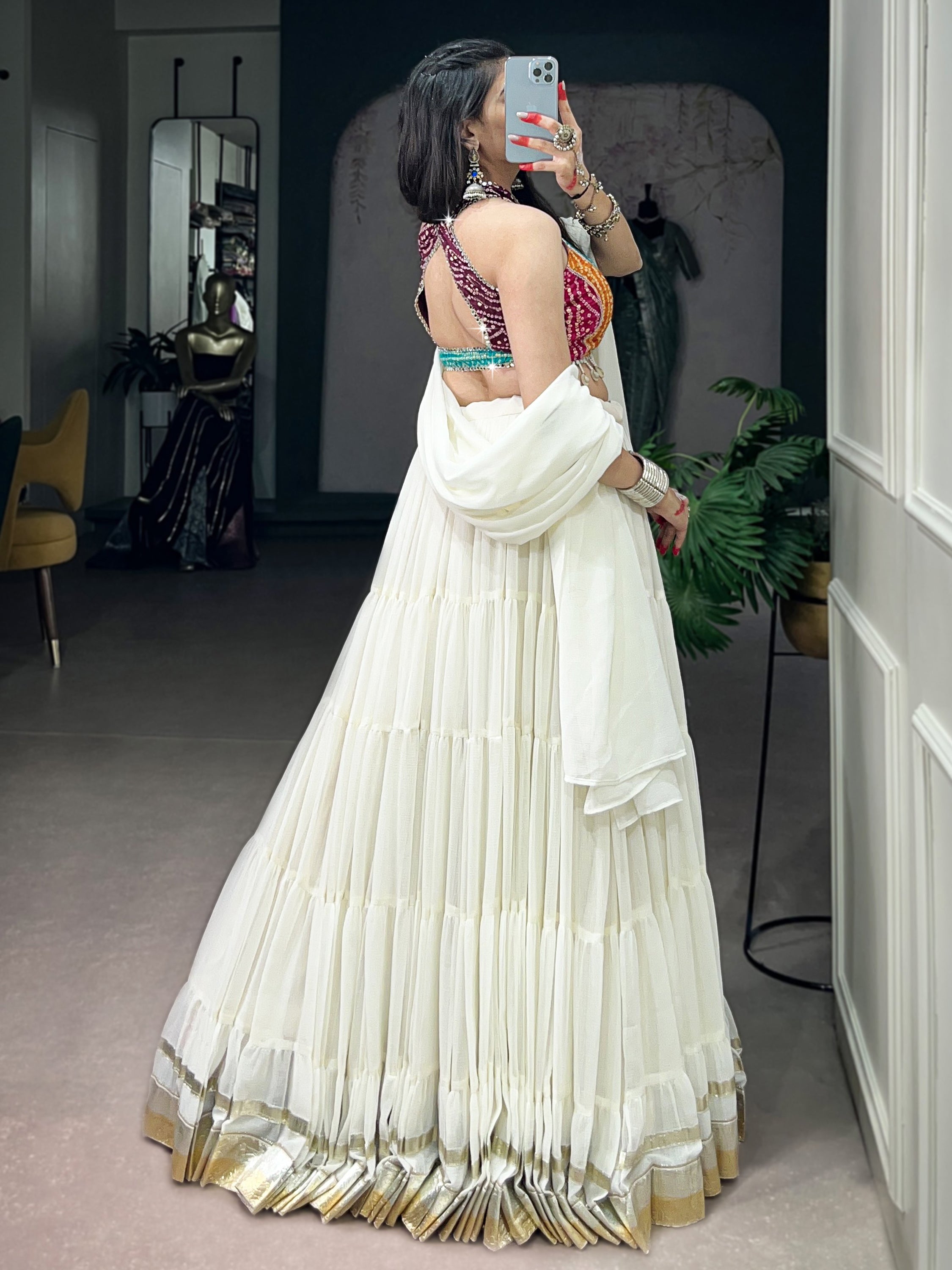 Classic White Georgette Navratri Wear Lehenga With Printed Choli