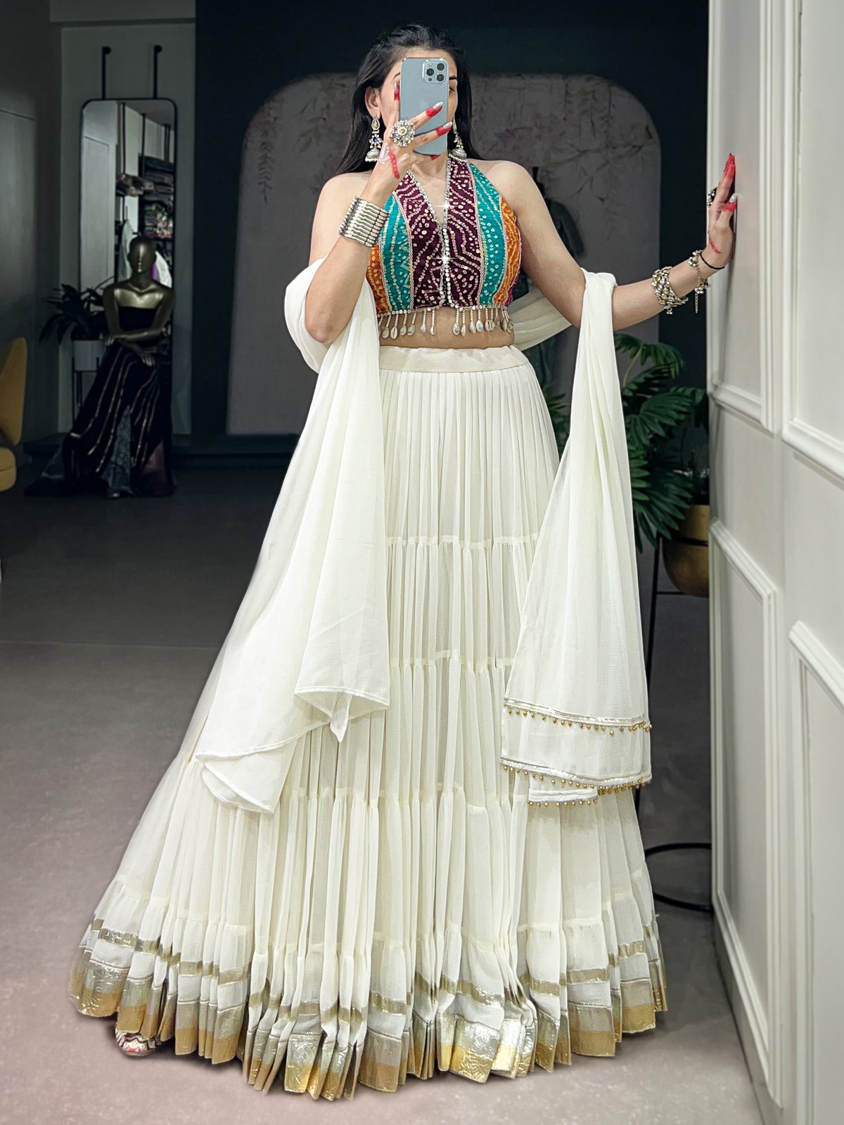 Classic White Georgette Navratri Wear Lehenga With Printed Choli