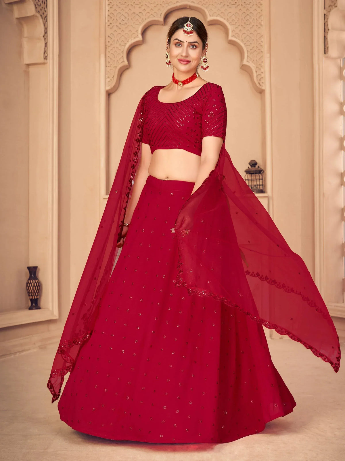 Red sequin lehenga choli with sheer dupatta, Indian ethnic wear for weddings and parties
