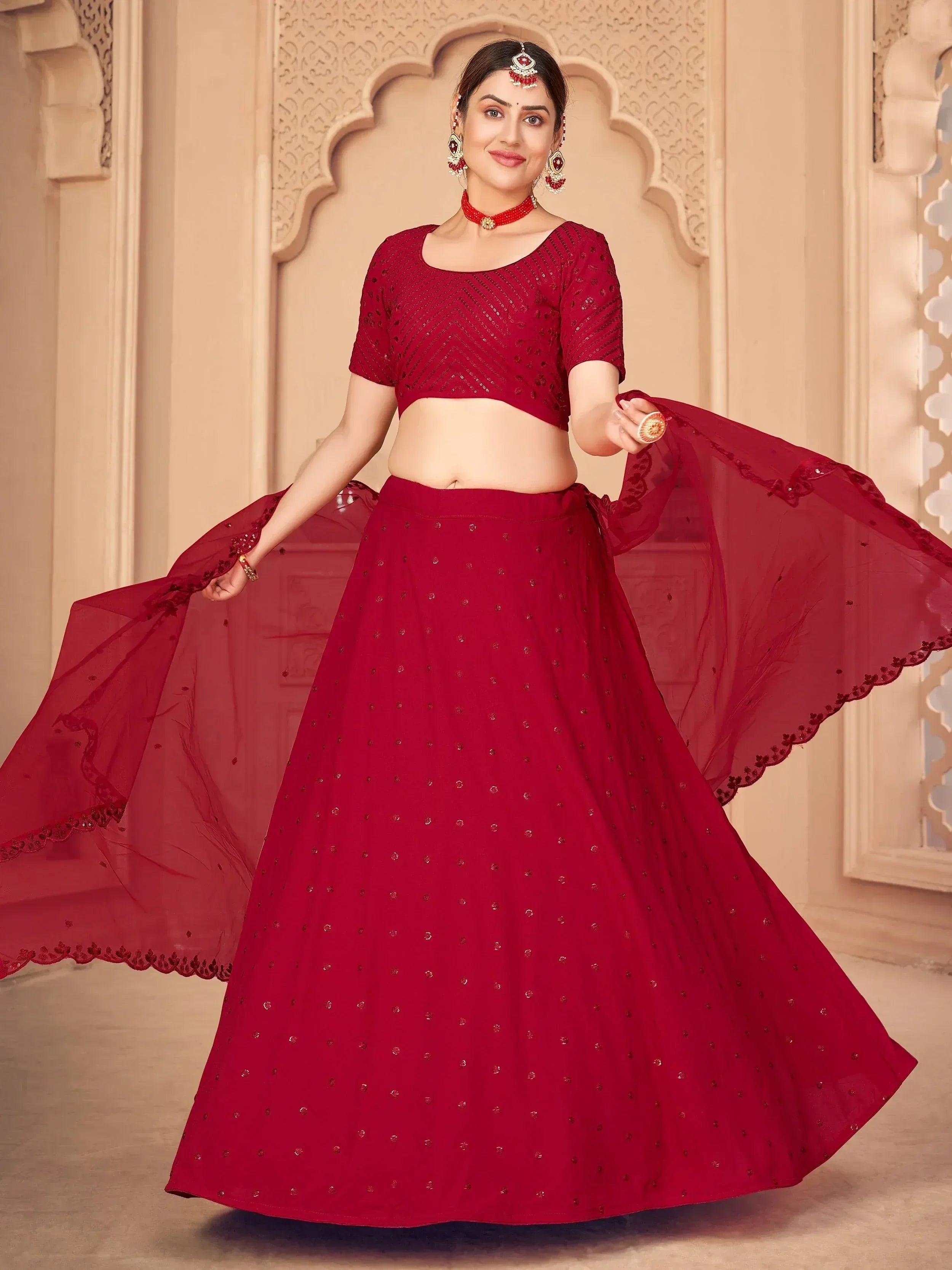 Red sequin lehenga choli with dupatta, Indian ethnic wear for women