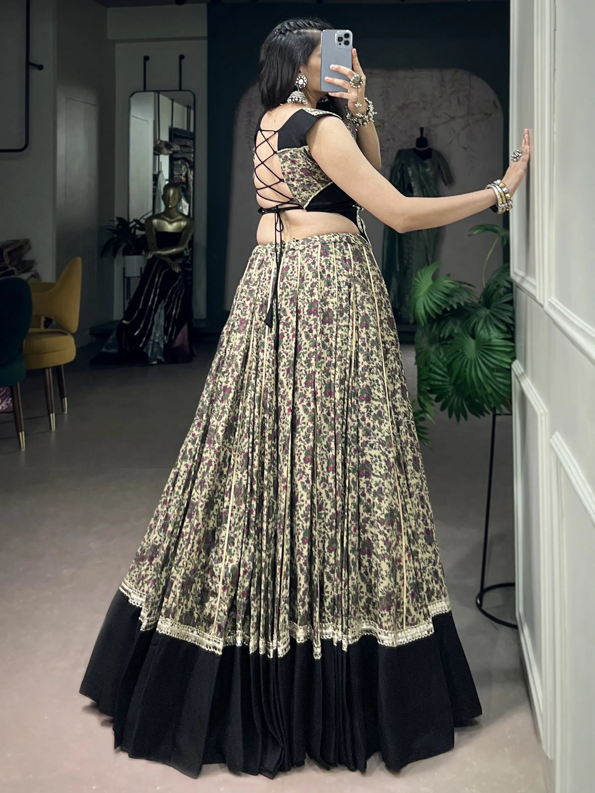 Beautiful Black Floral Printed Cotton Navratri Wear Lehenga Choli