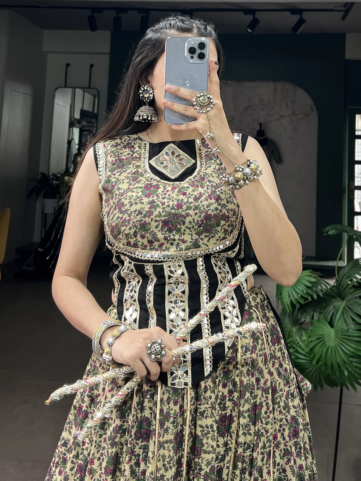 Beautiful Black Floral Printed Cotton Navratri Wear Lehenga Choli