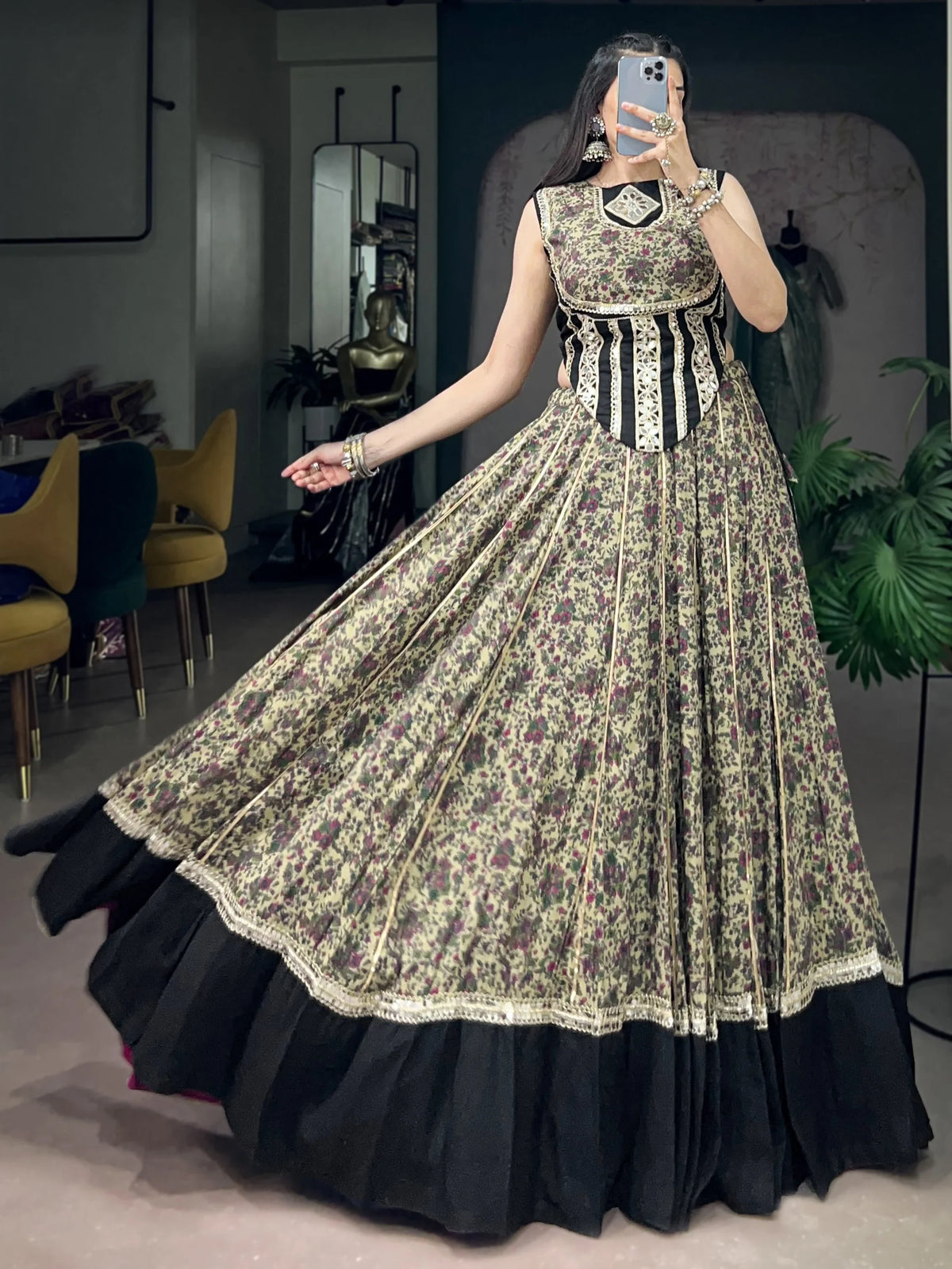 Beautiful Black Floral Printed Cotton Navratri Wear Lehenga Choli