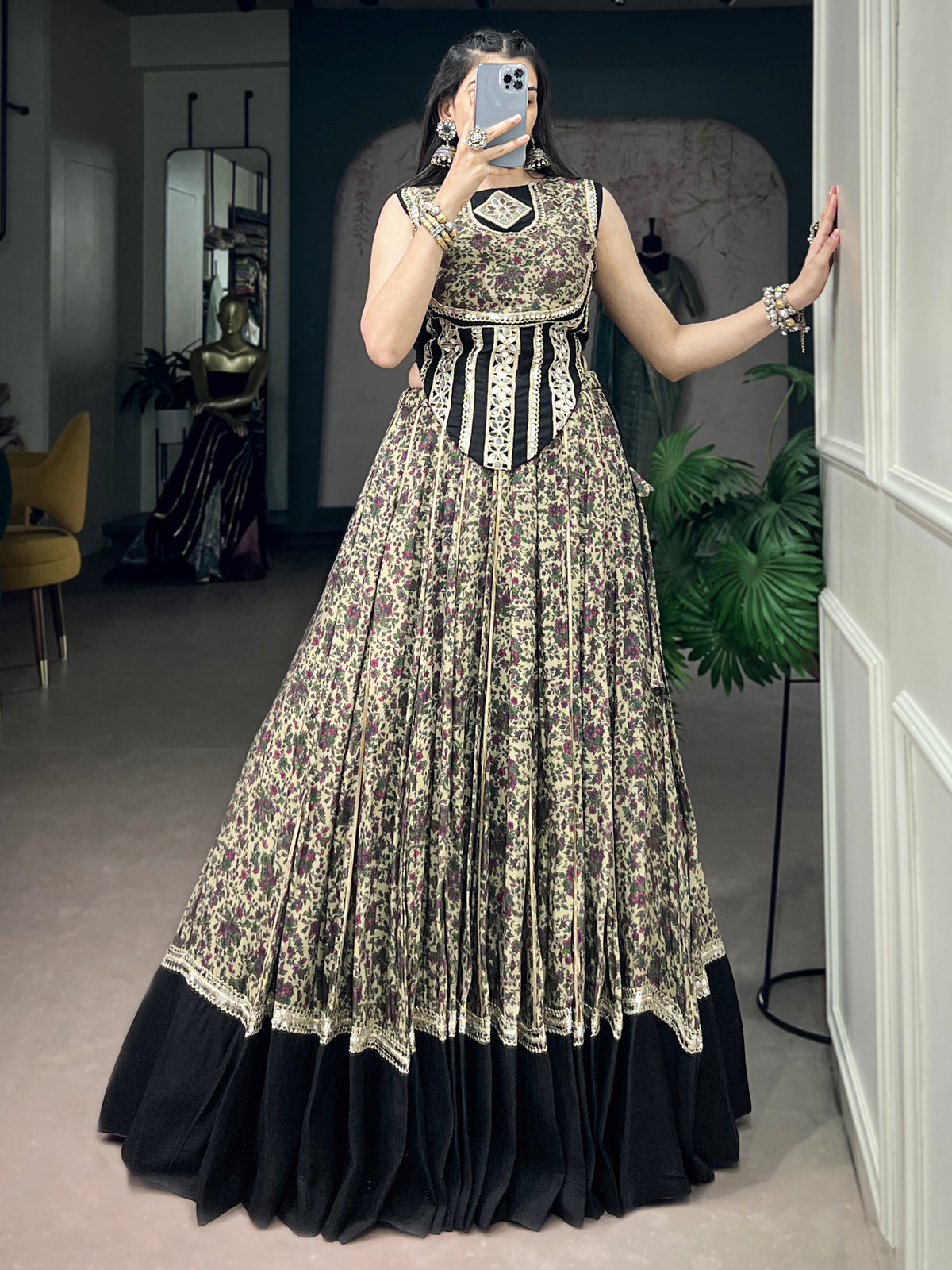 Beautiful Black Floral Printed Cotton Navratri Wear Lehenga Choli