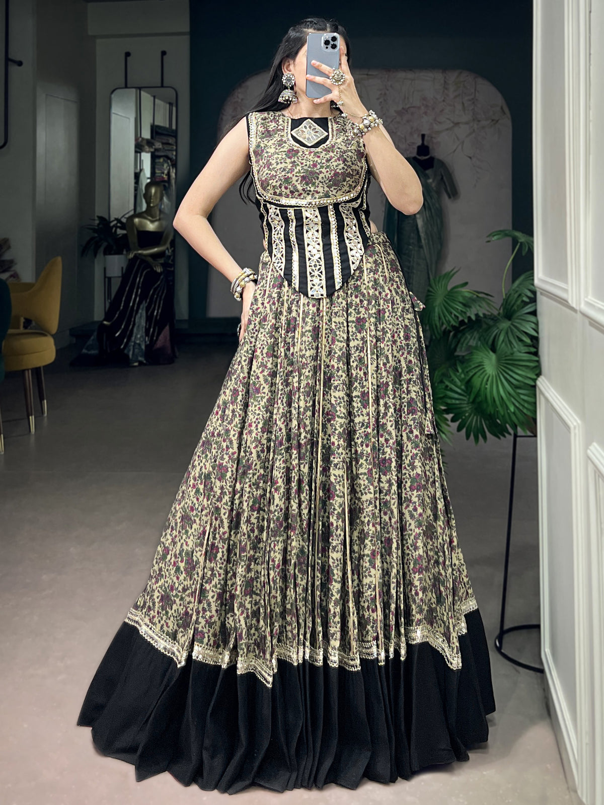 Beautiful Black Floral Printed Cotton Navratri Wear Lehenga Choli