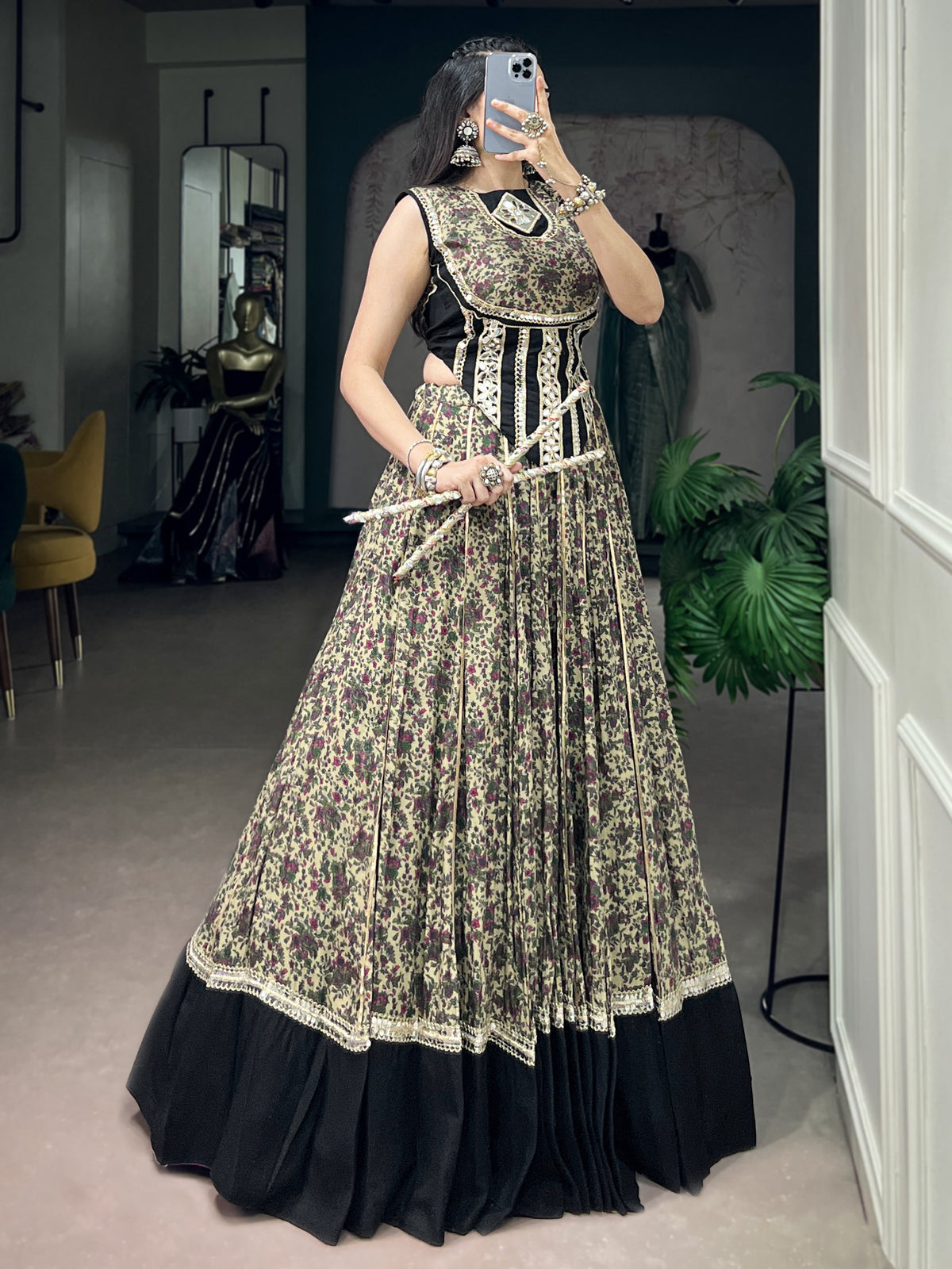 Beautiful Black Floral Printed Cotton Navratri Wear Lehenga Choli