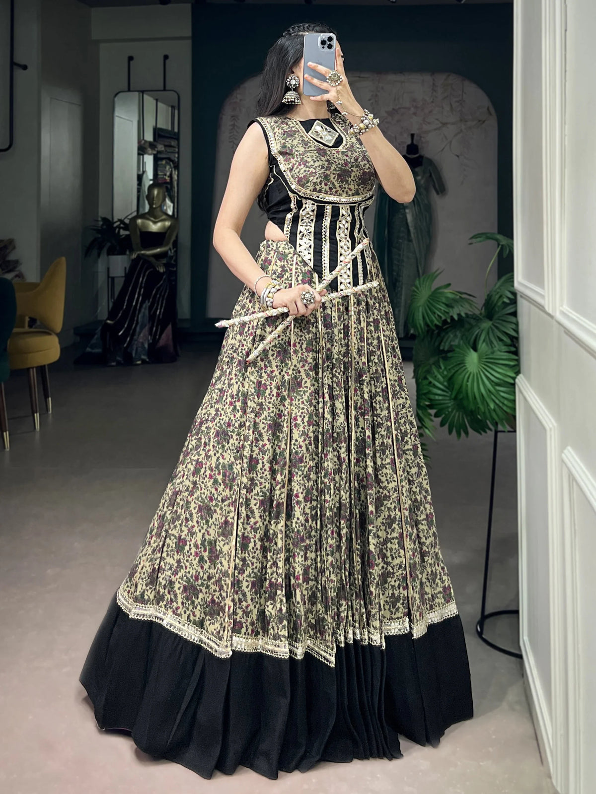Beautiful Black Floral Printed Cotton Navratri Wear Lehenga Choli