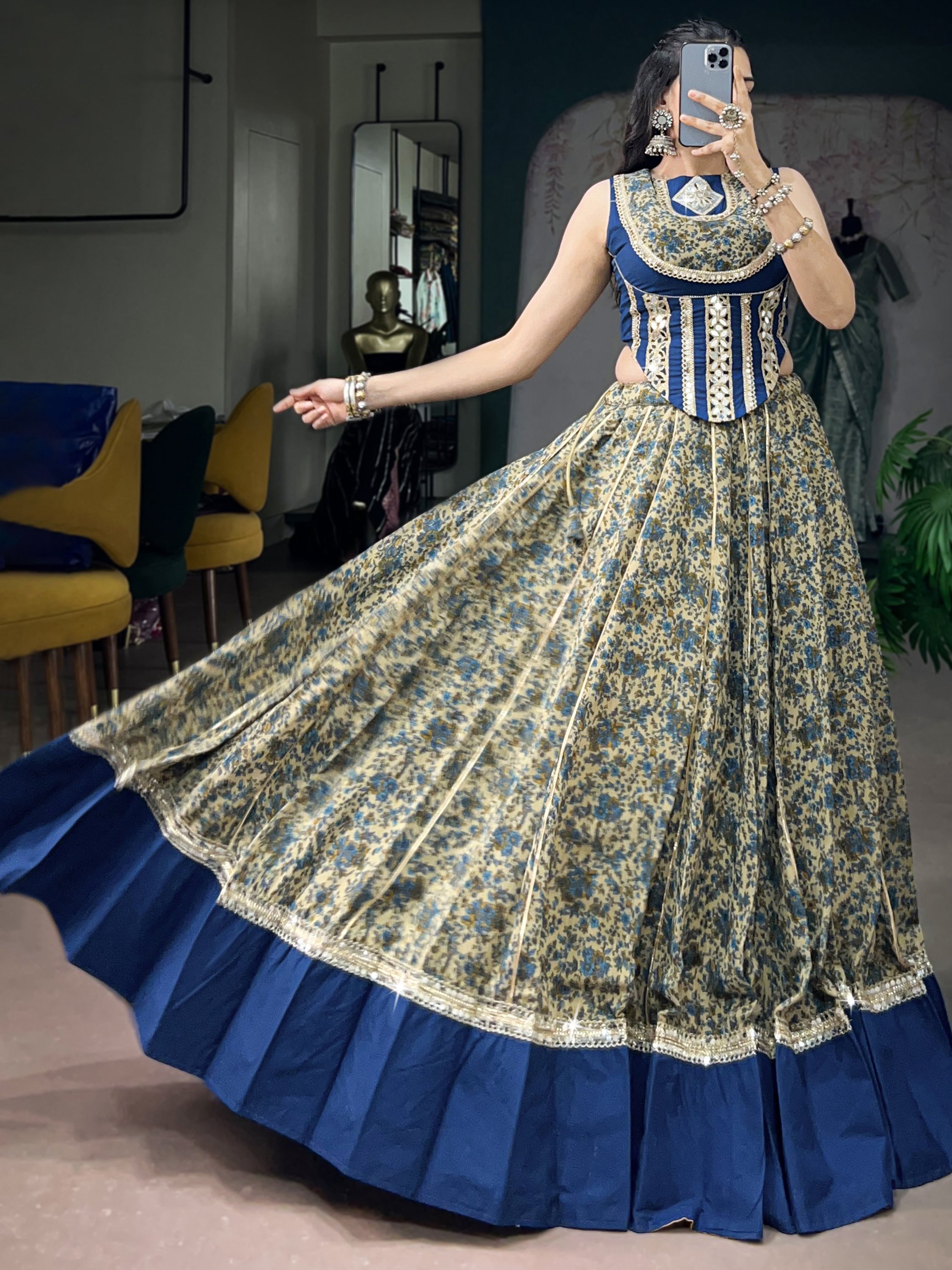 Super Navy Blue Mirror Laced Cotton Navratri Special Lehenga With Blouse