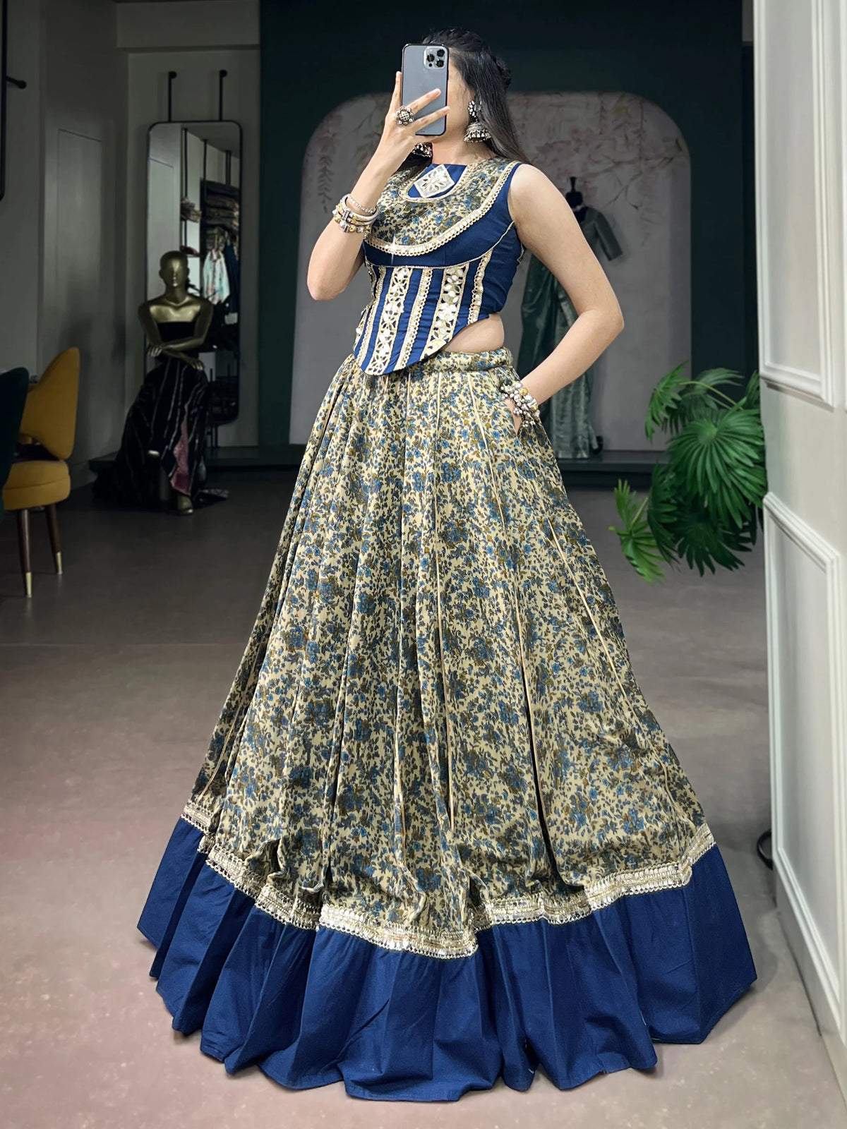 Super Navy Blue Mirror Laced Cotton Navratri Special Lehenga With Blouse