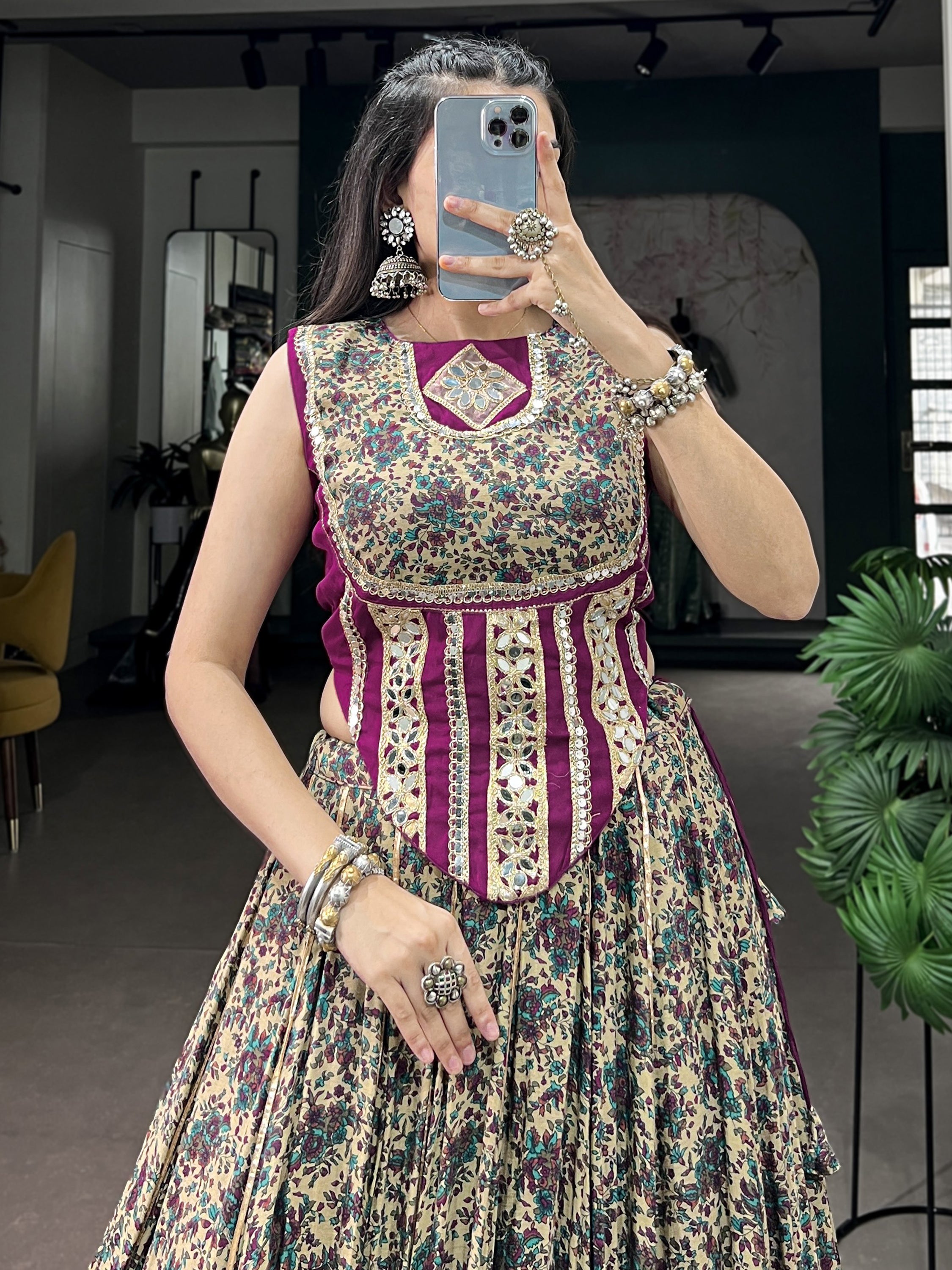 Noteworthy Wine Mirror Laced Cotton Navratri Special Lehenga Choli