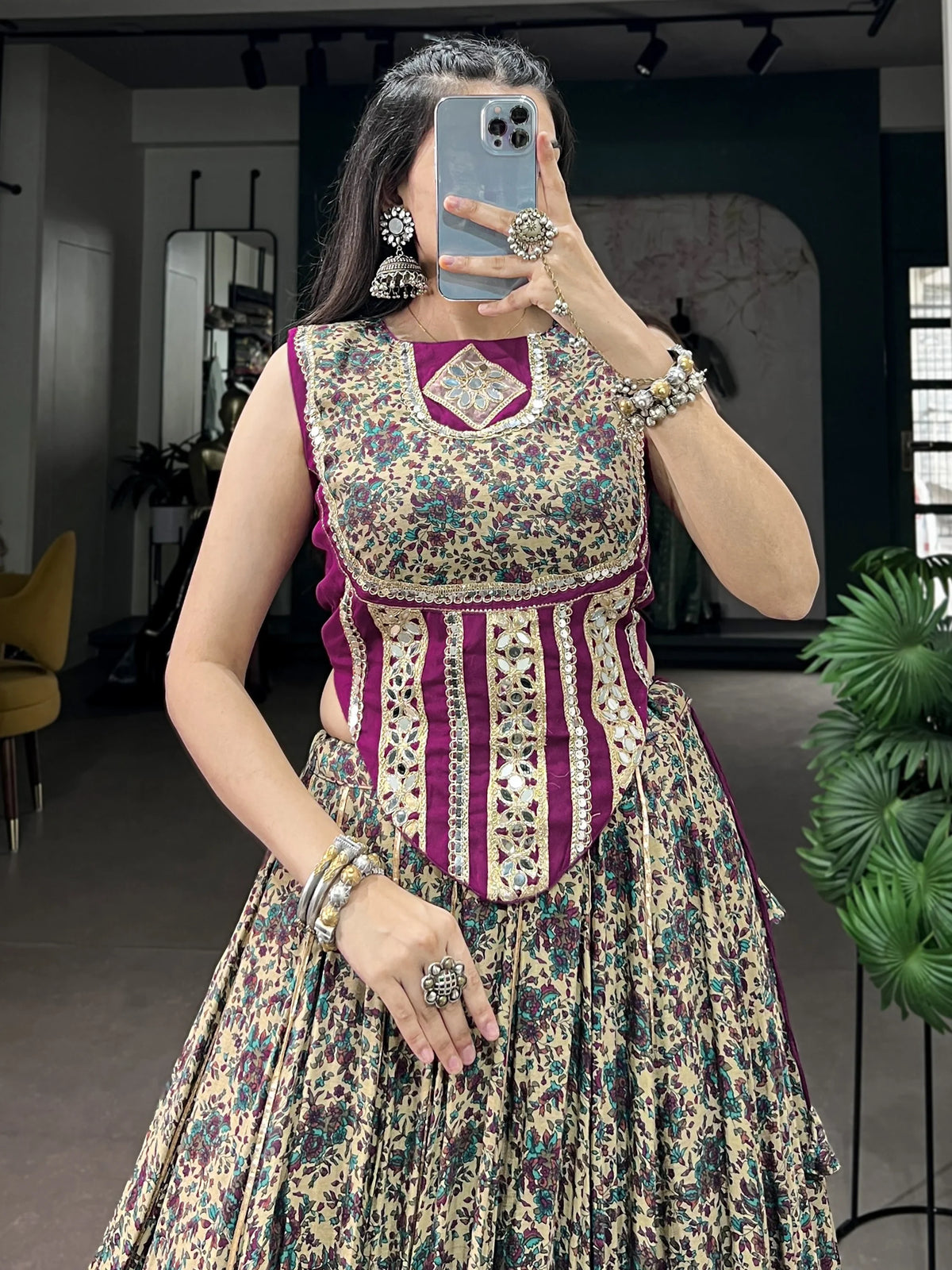 Noteworthy Wine Mirror Laced Cotton Navratri Special Lehenga Choli