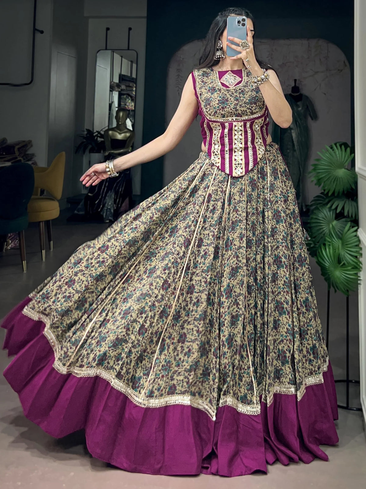 Noteworthy Wine Mirror Laced Cotton Navratri Special Lehenga Choli