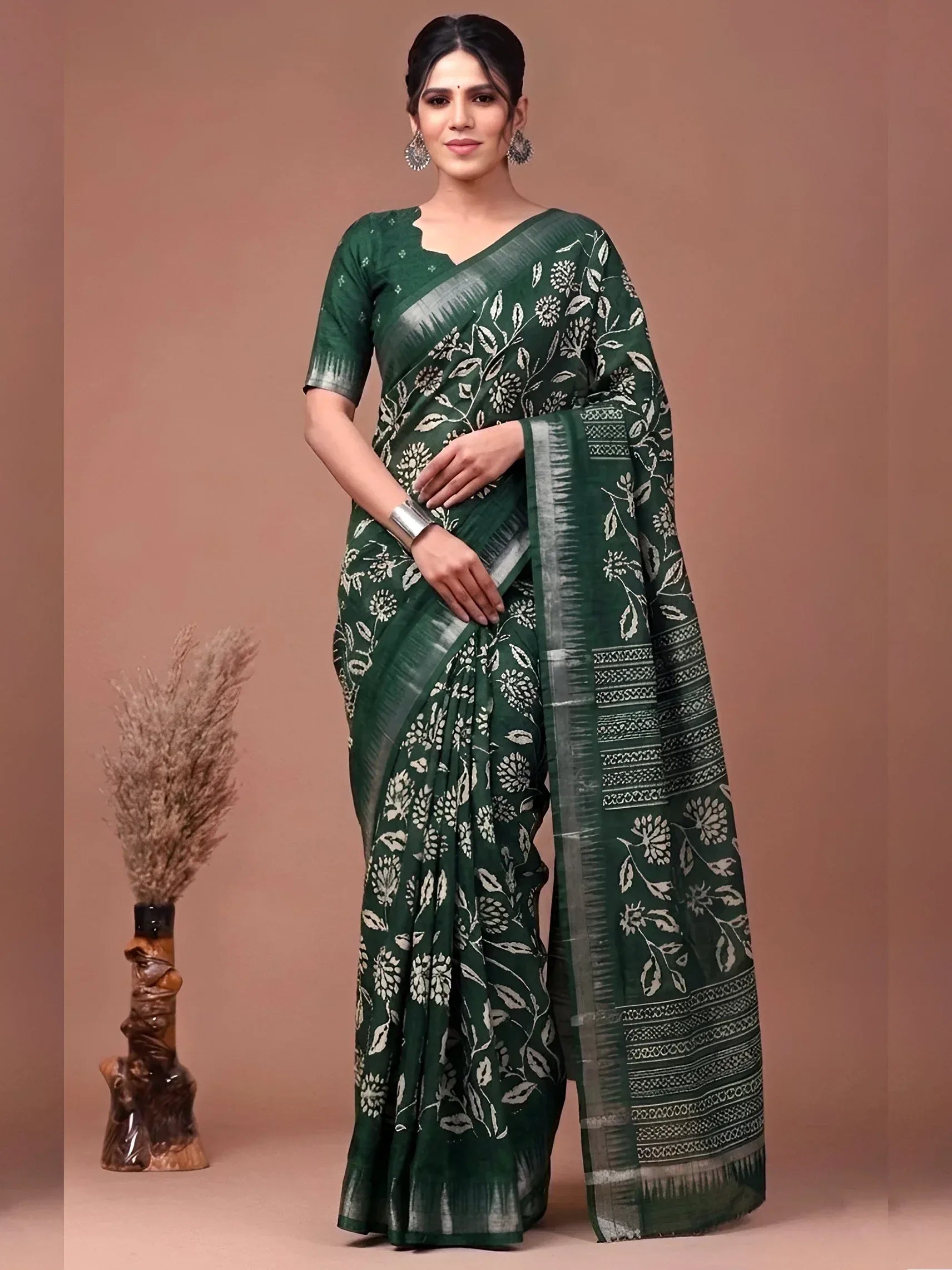 Fantastic Green Flower Print Silk Mehendi Wear Saree With Blouse